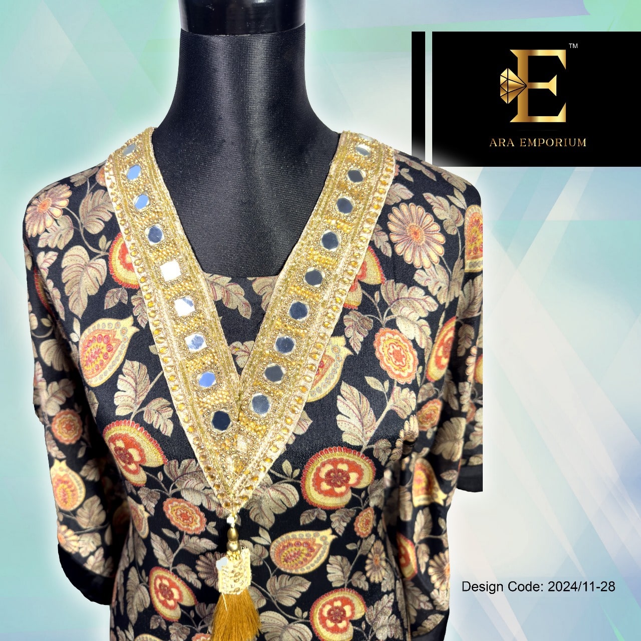 Embroidered Floral Long Kaftan with Mirror Work - Image 1