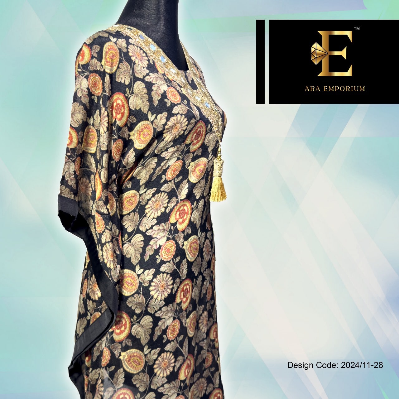 Embroidered Floral Long Kaftan with Mirror Work - Image 2