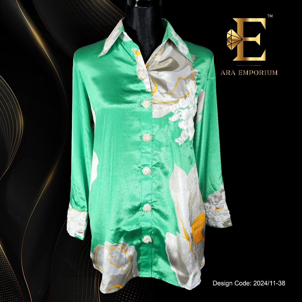Green Satin Floral Print Button-Down Shirt - Image 1