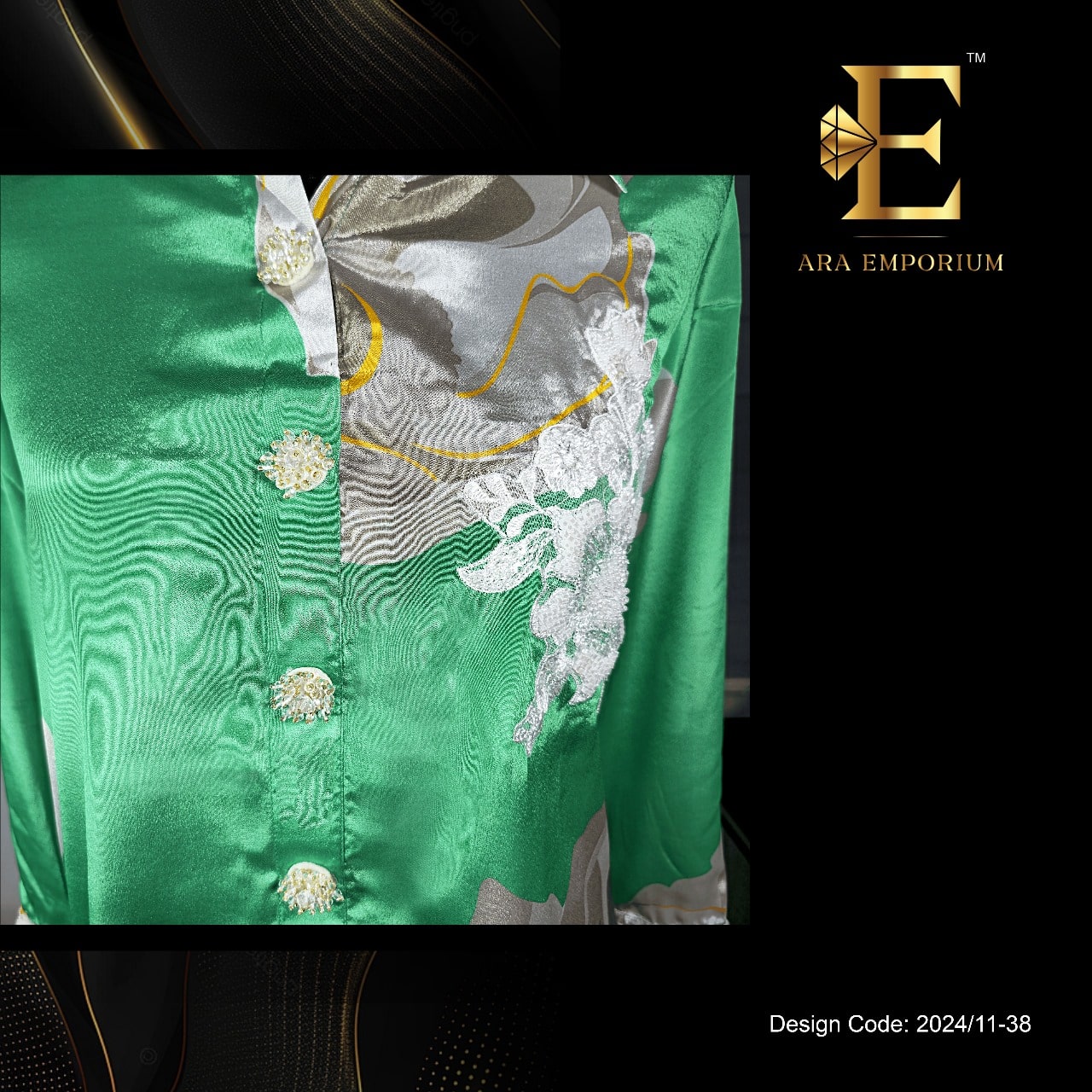 Green Satin Floral Print Button-Down Shirt - Image 2