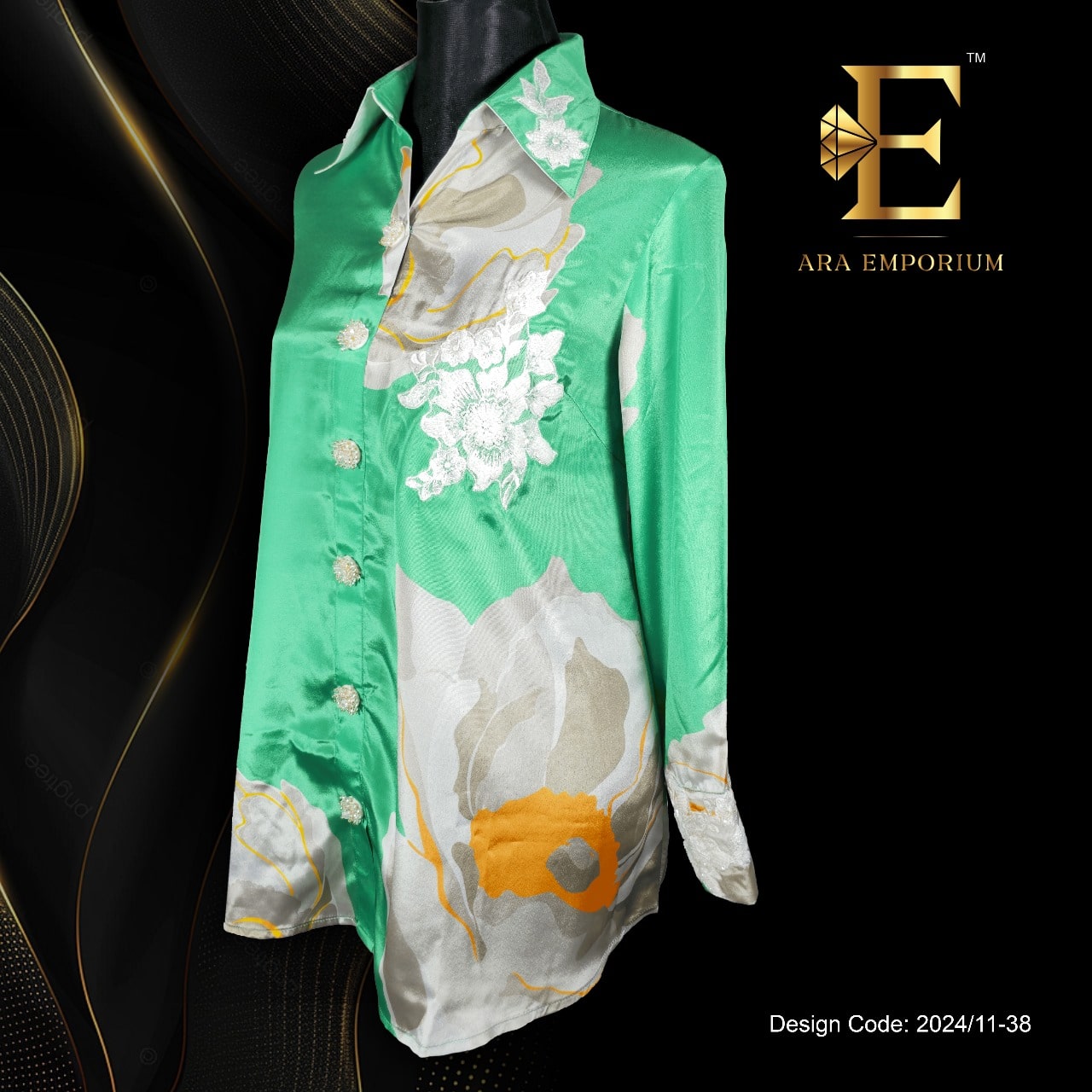 Green Satin Floral Print Button-Down Shirt - Image 3