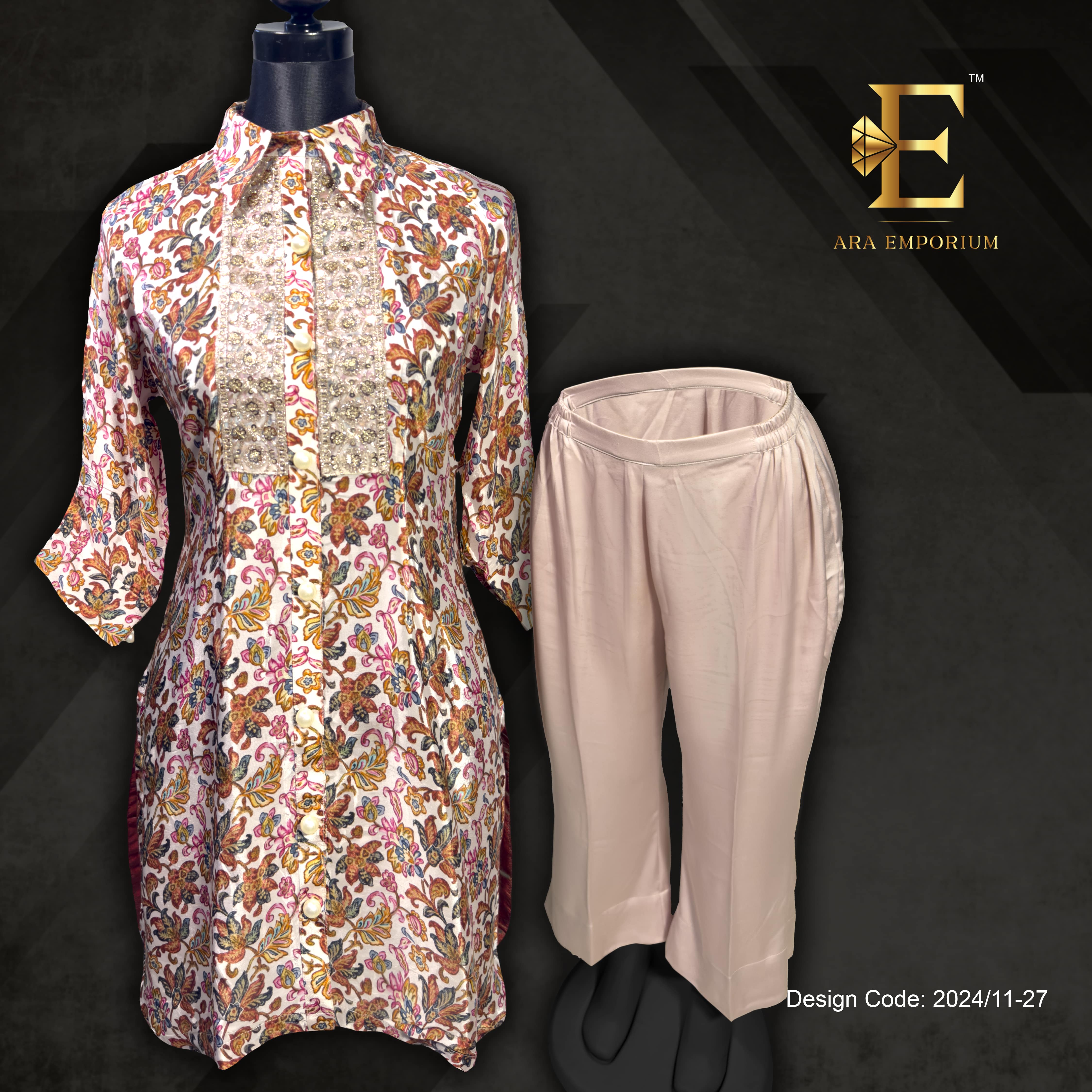Floral Printed Cord Set with Beige Pants - Image 1