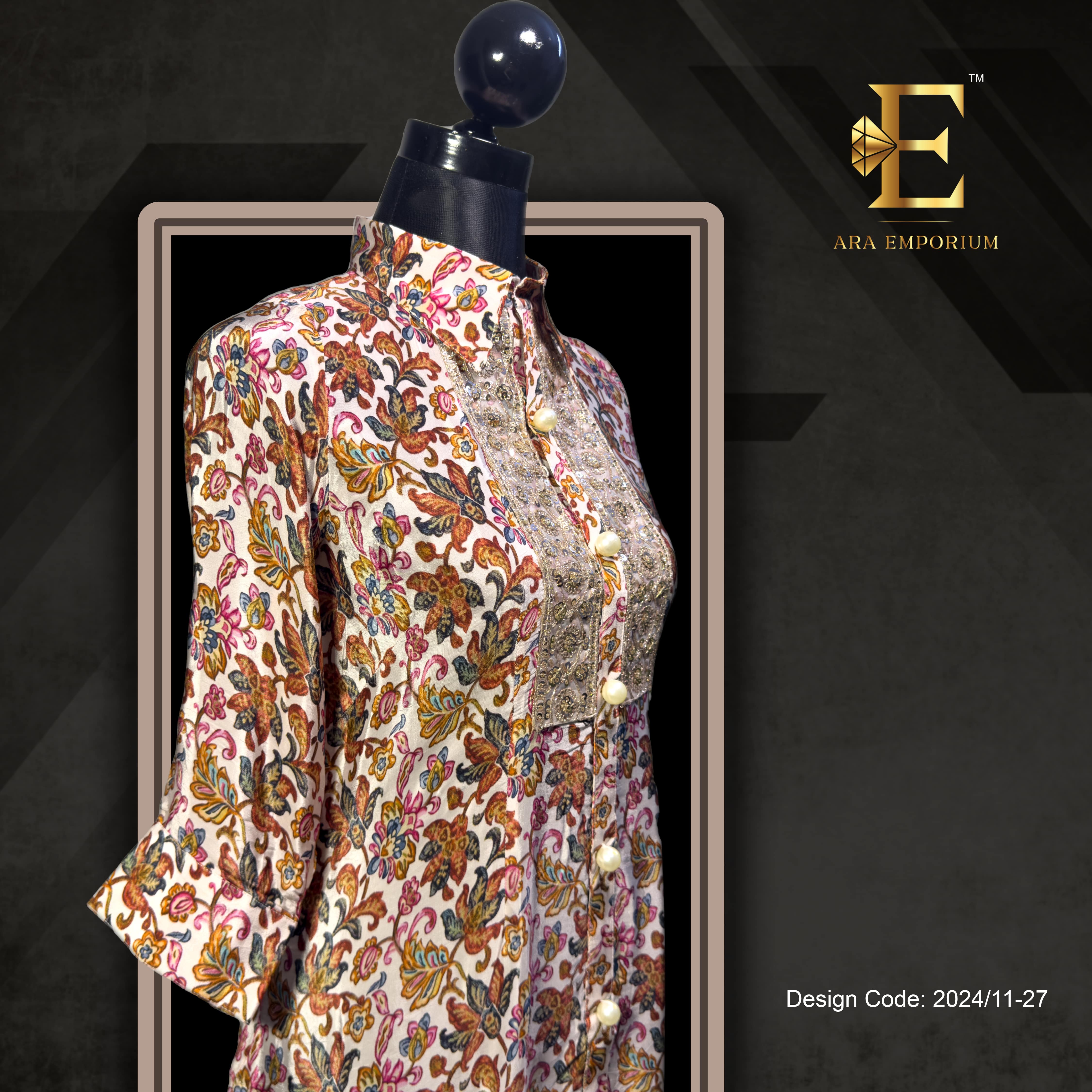 Floral Printed Cord Set with Beige Pants - Image 3