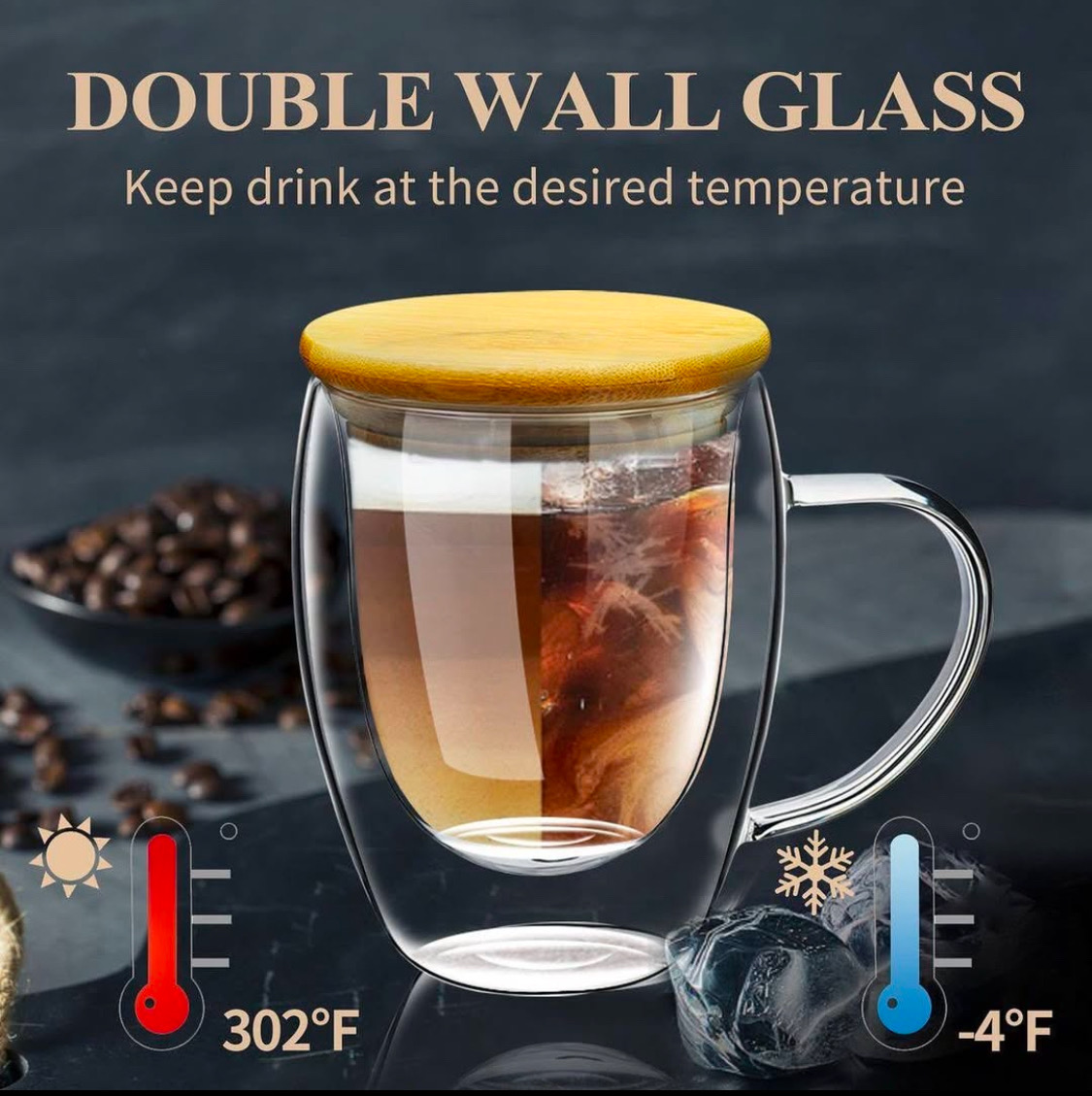 Double Wall glass mug with Wooden Lid 250ml - Coffee Mug