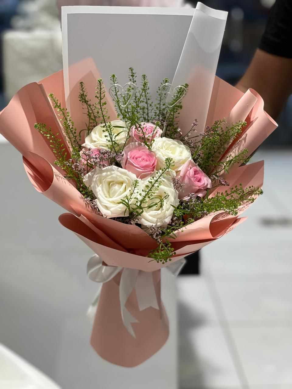White & Pink  rose hand bouquet