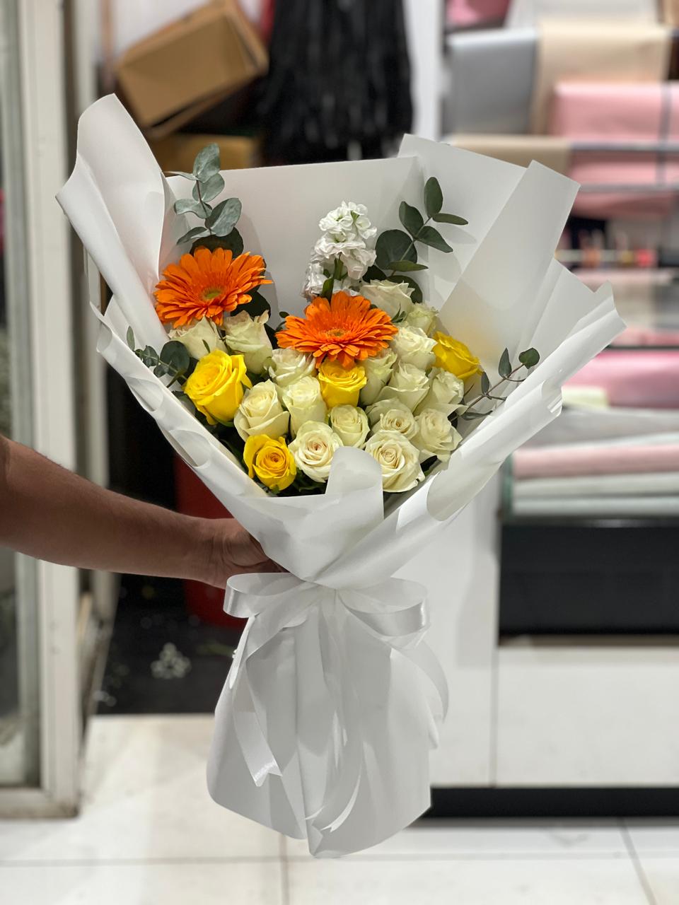 White yellow and Orange flowers hand bouquet
