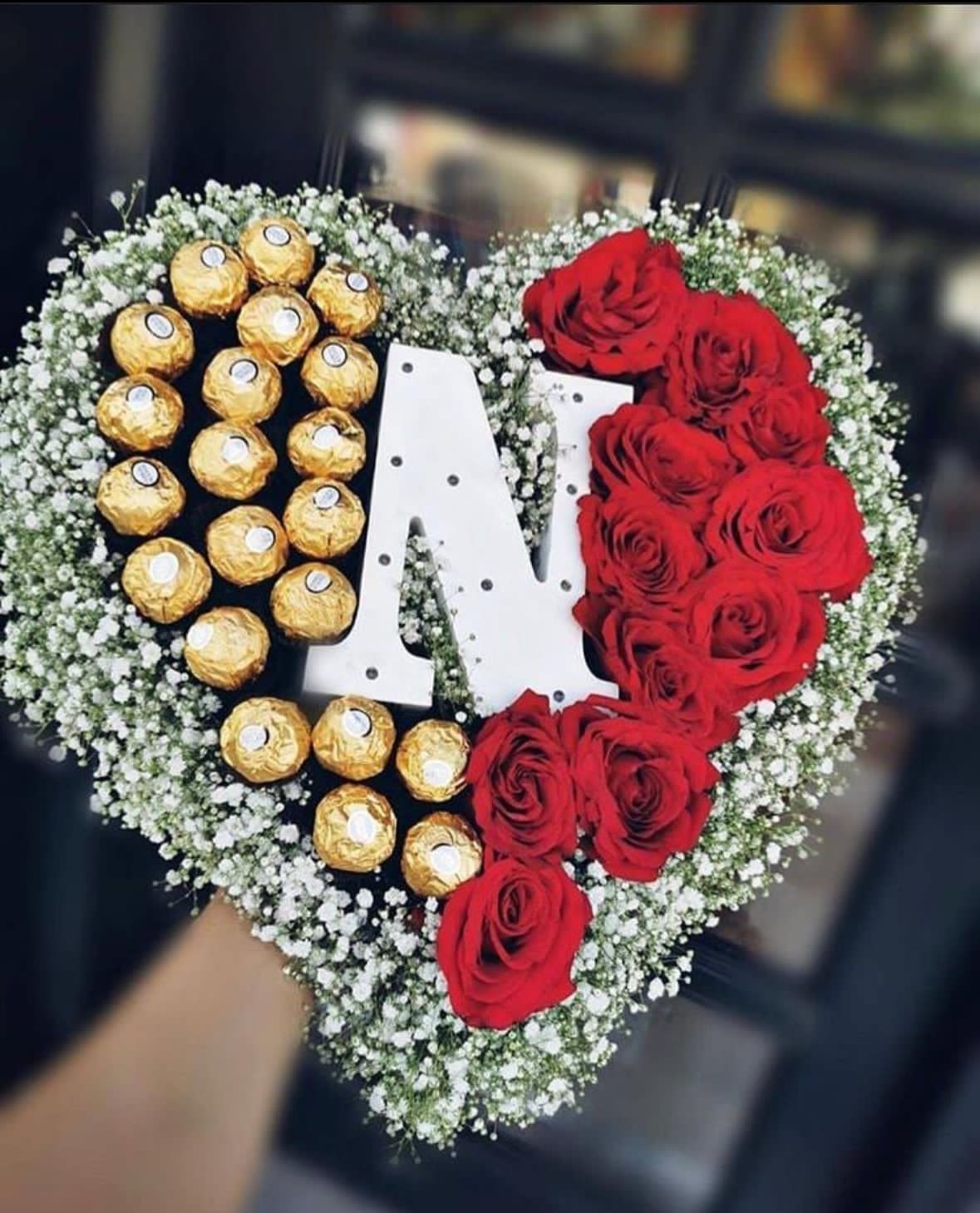 letter  in heart with  flowers & chocolate