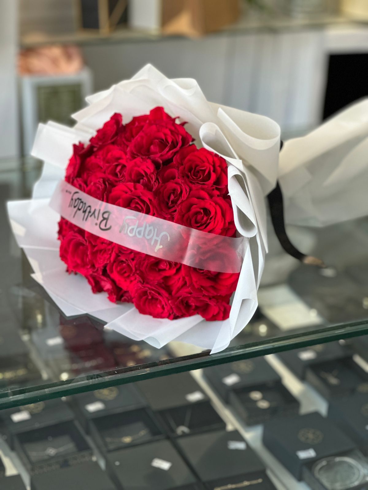 Red and white hand bouquet