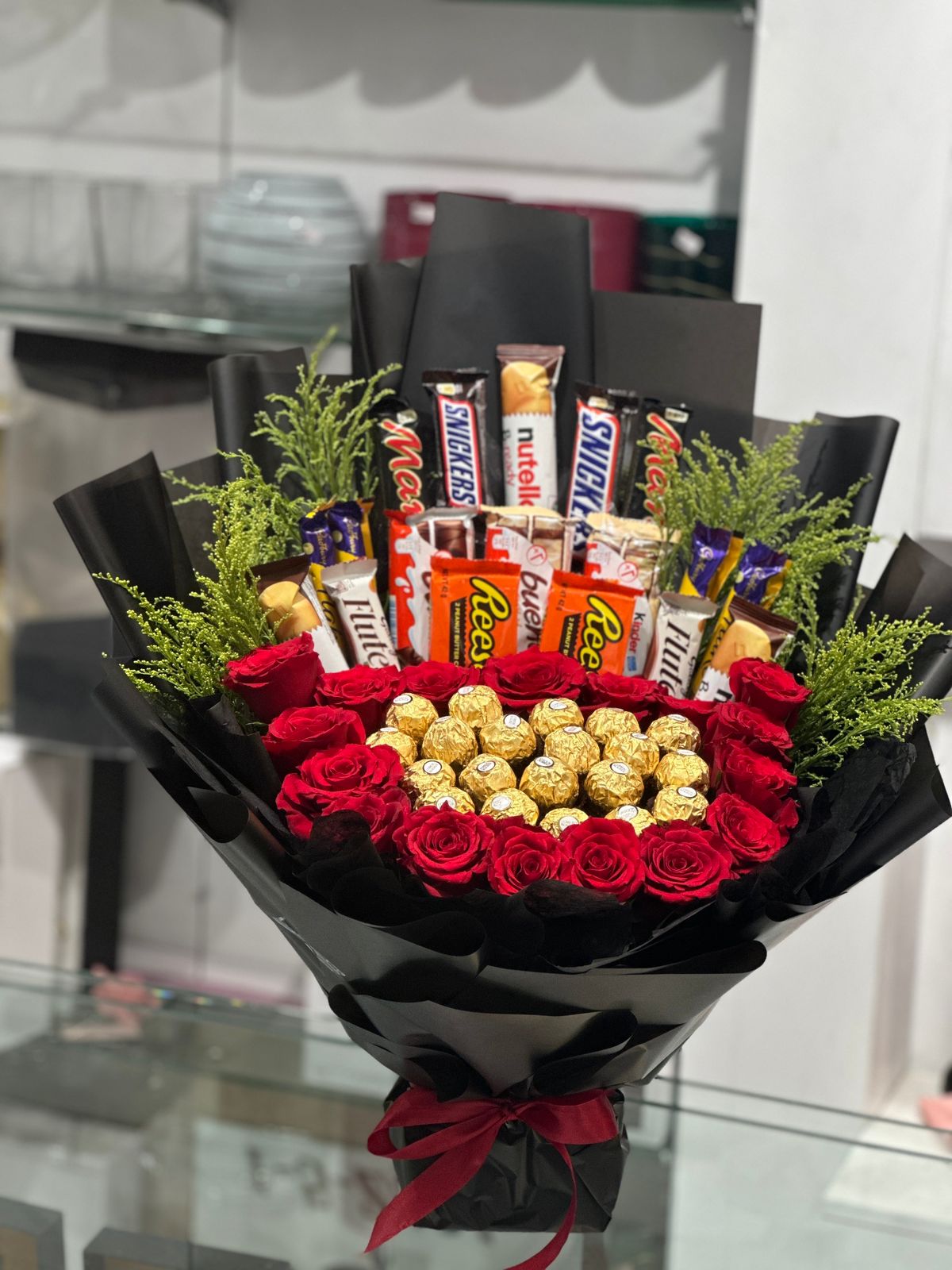 Chocolate and red flowers stunning bouquet