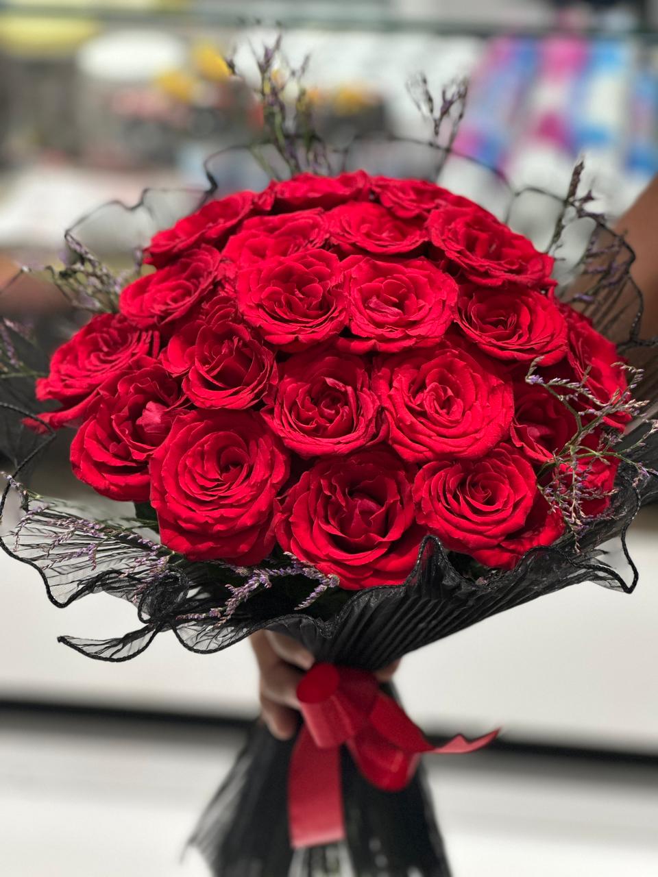 Red and black  duntel hand bouquet
