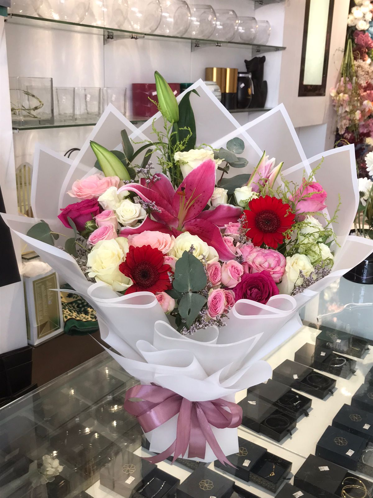 Pink red and white  mix bouquet