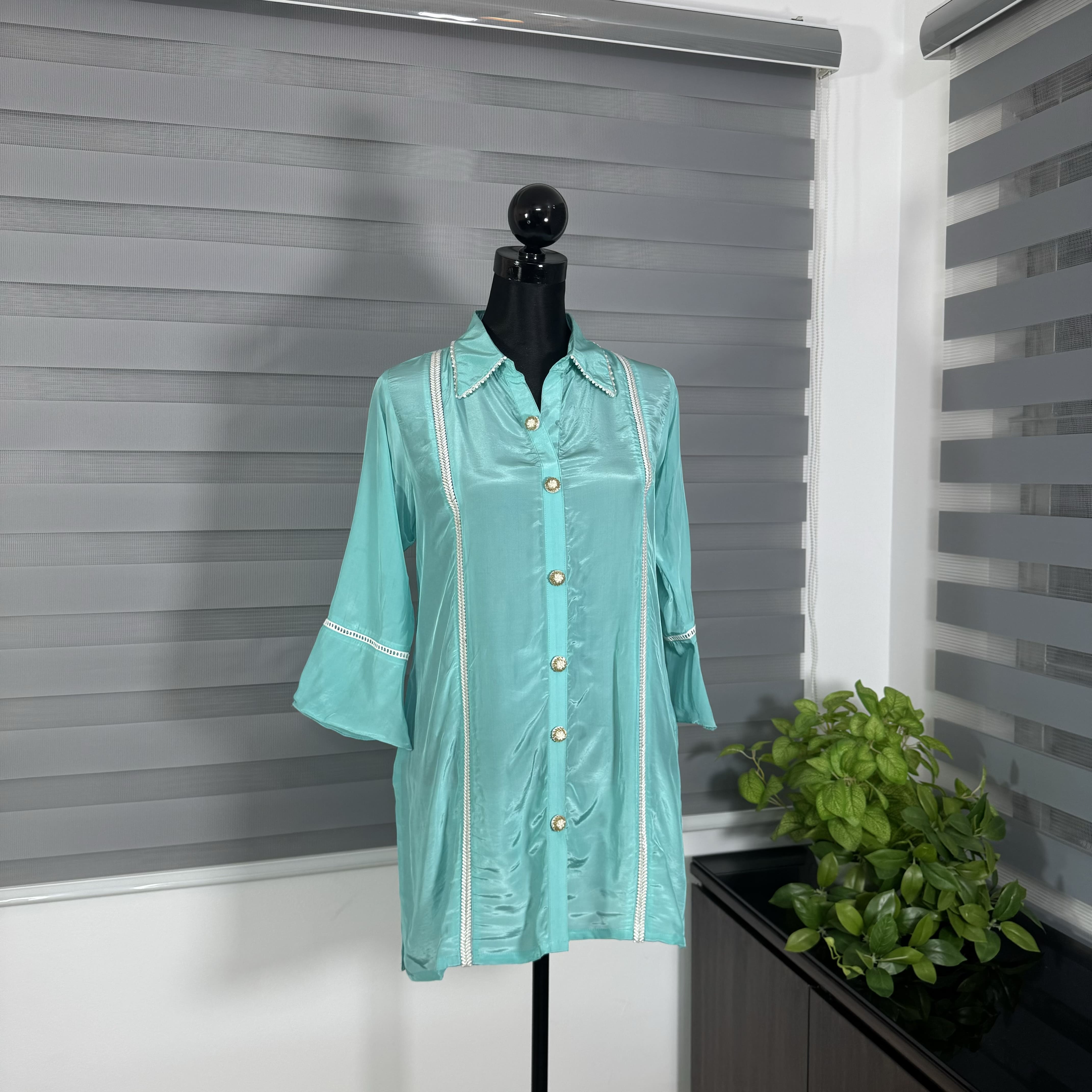 Aqua Glow Satin Shirt Top - Image 1