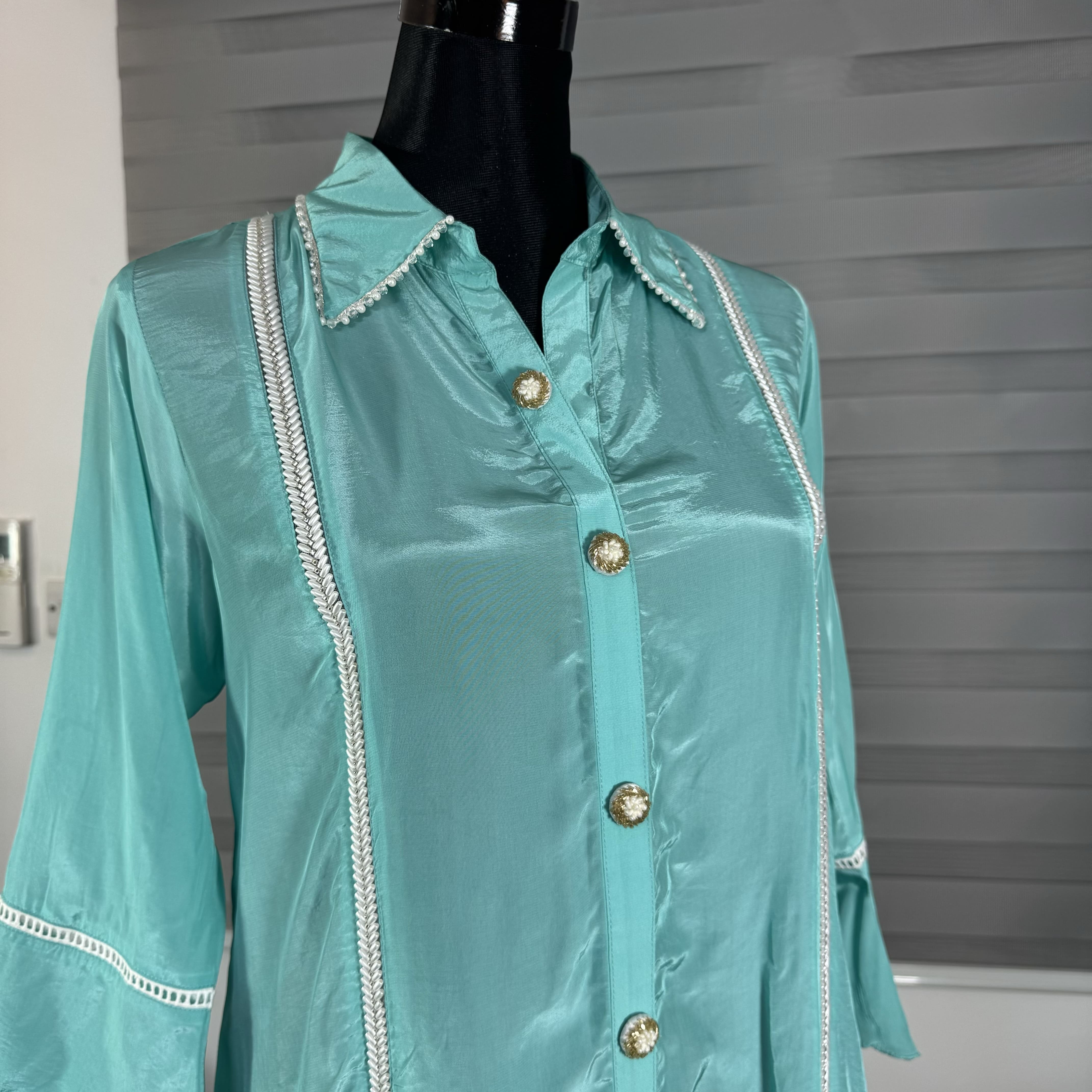 Aqua Glow Satin Shirt Top - Image 2