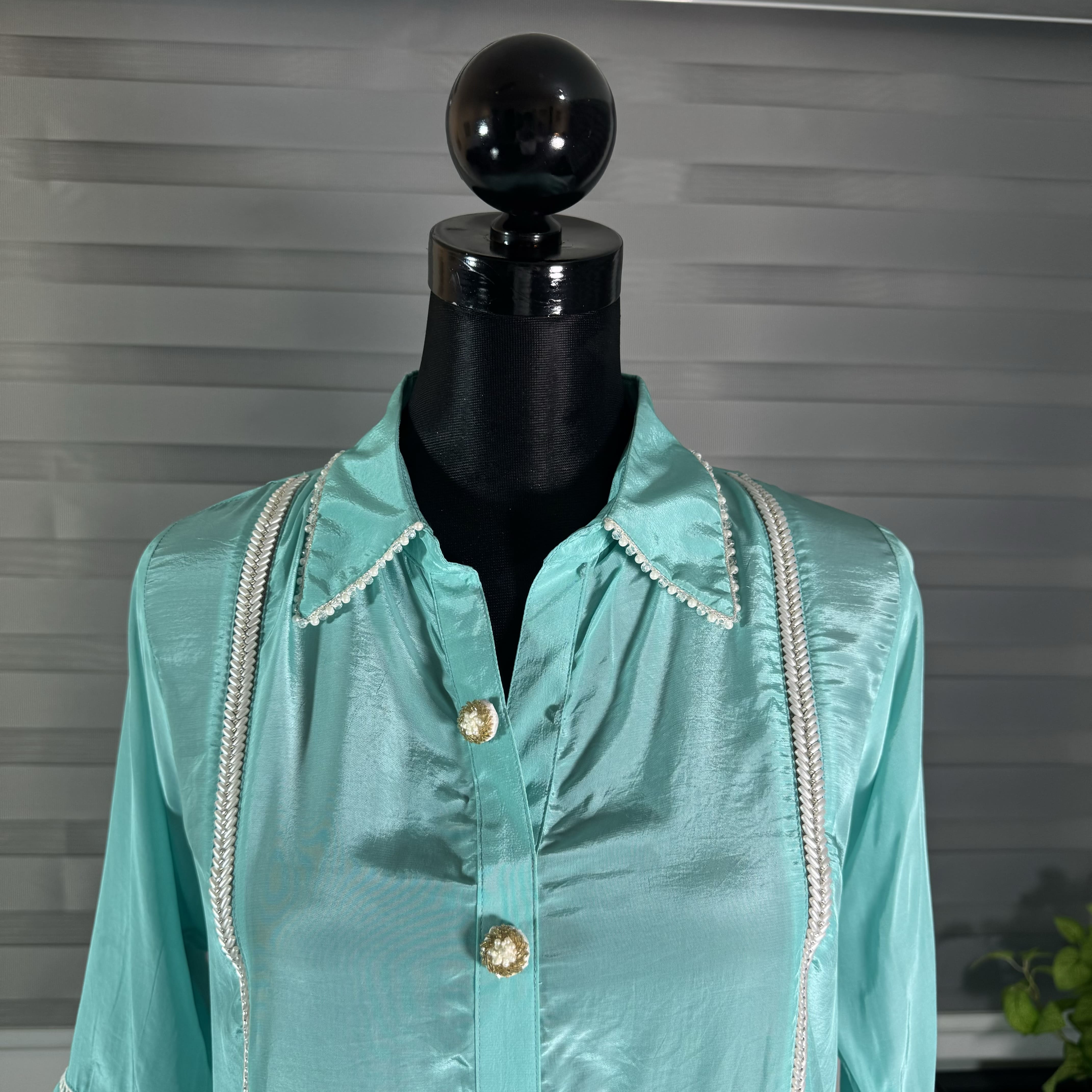 Aqua Glow Satin Shirt Top - Image 3