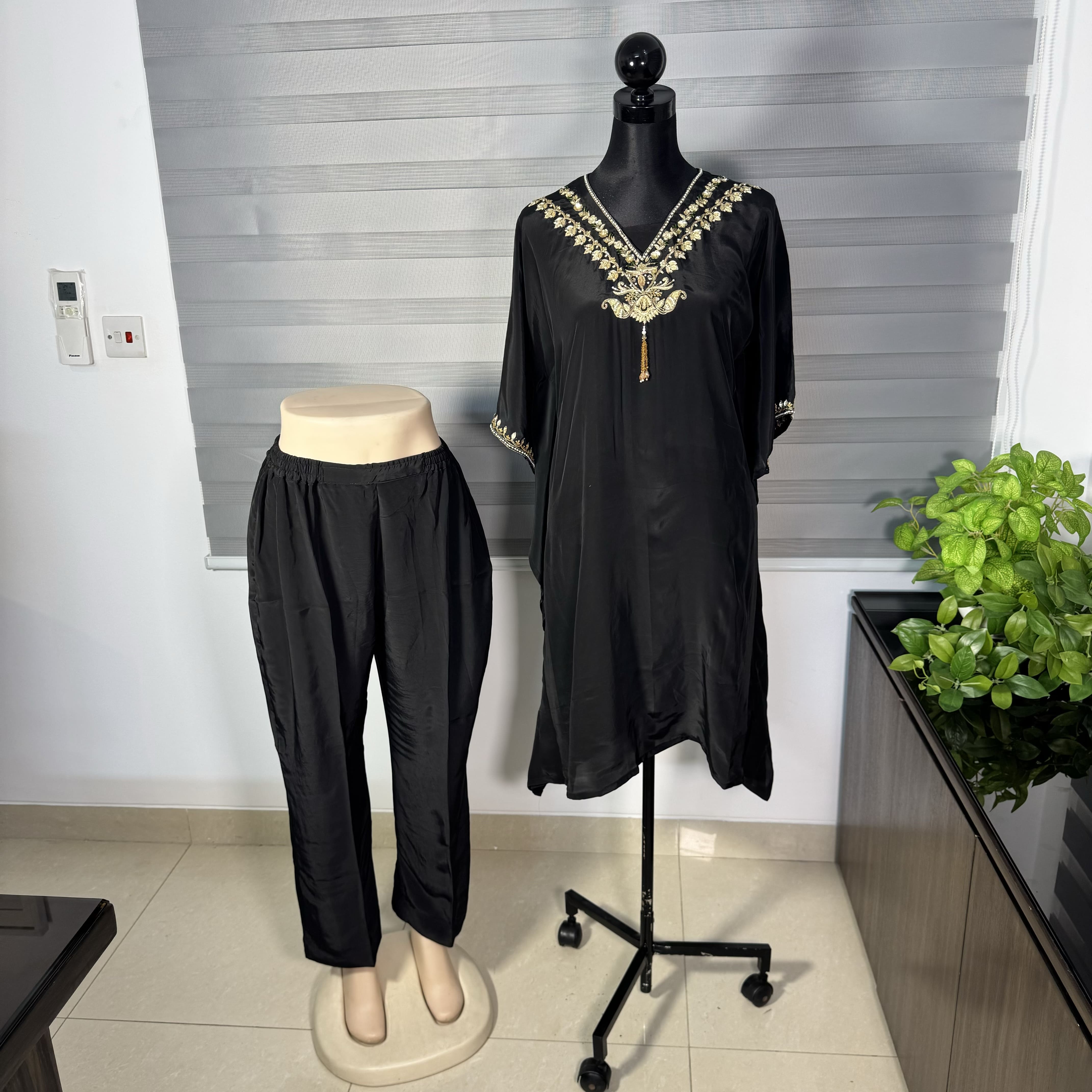 Black Embroidered V-Neck Kaftan Set with Relaxed Pants - Image 1