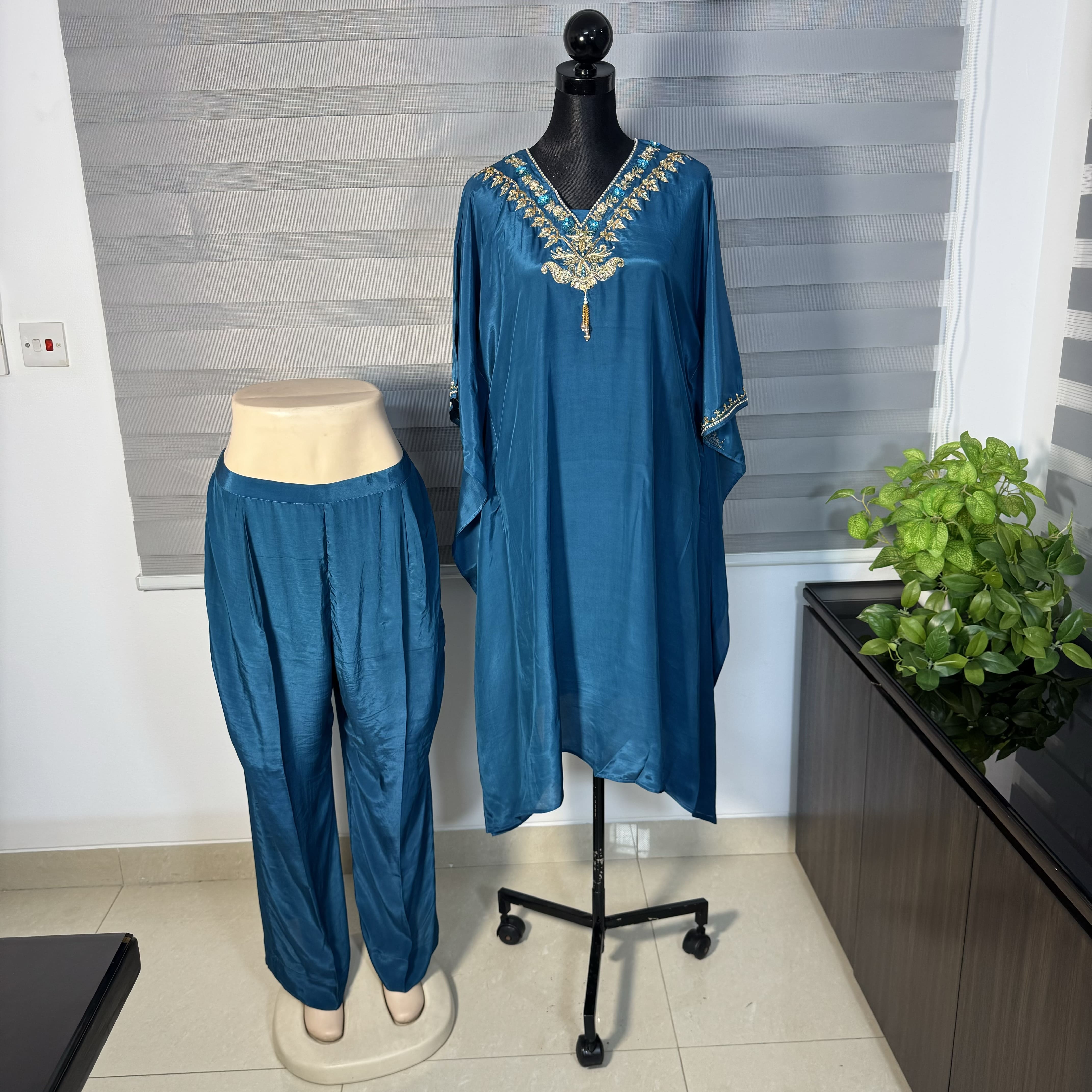 Teal Blue Embroidered Kaftan Set with Relaxed Pants - Image 1