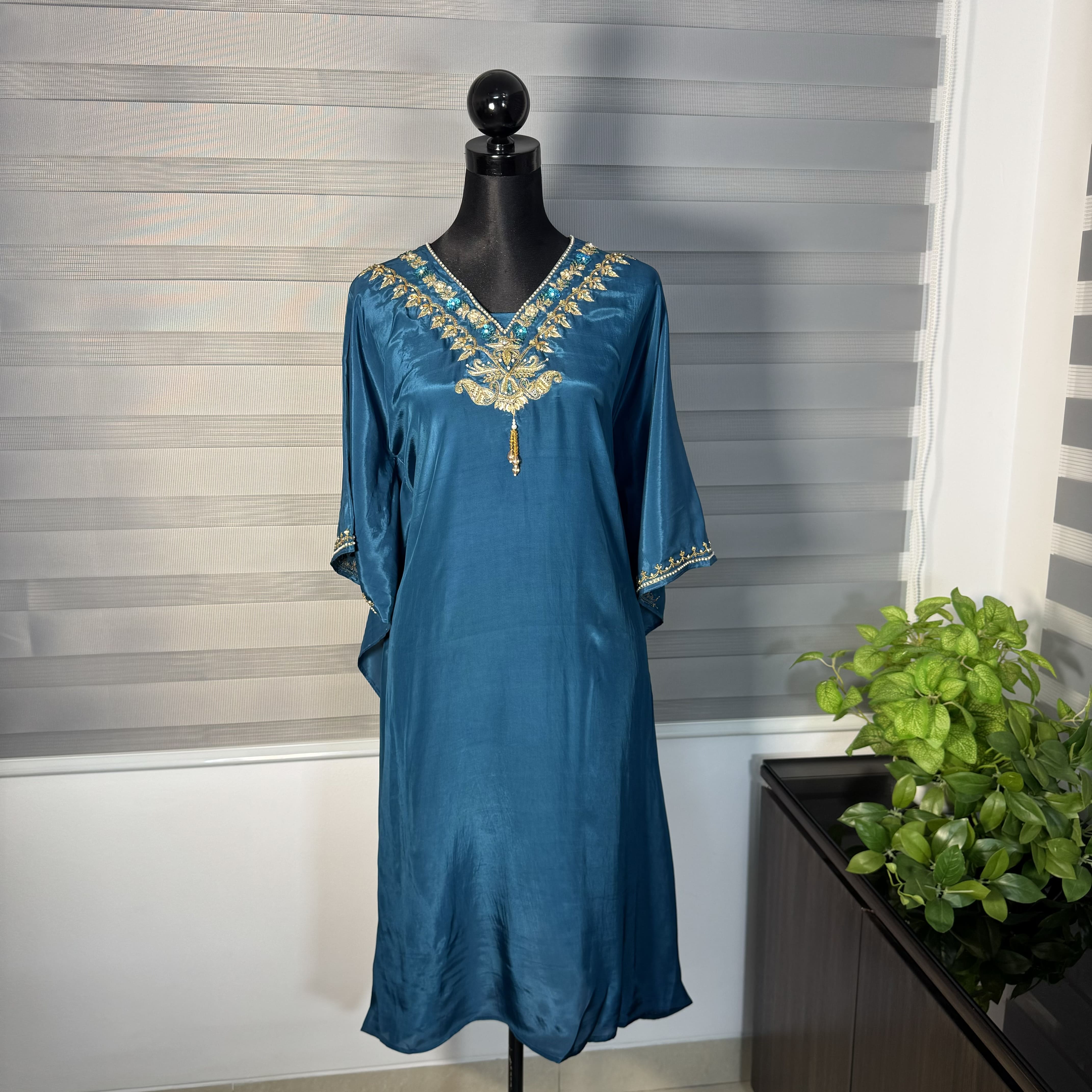 Teal Blue Embroidered Kaftan Set with Relaxed Pants - Image 2