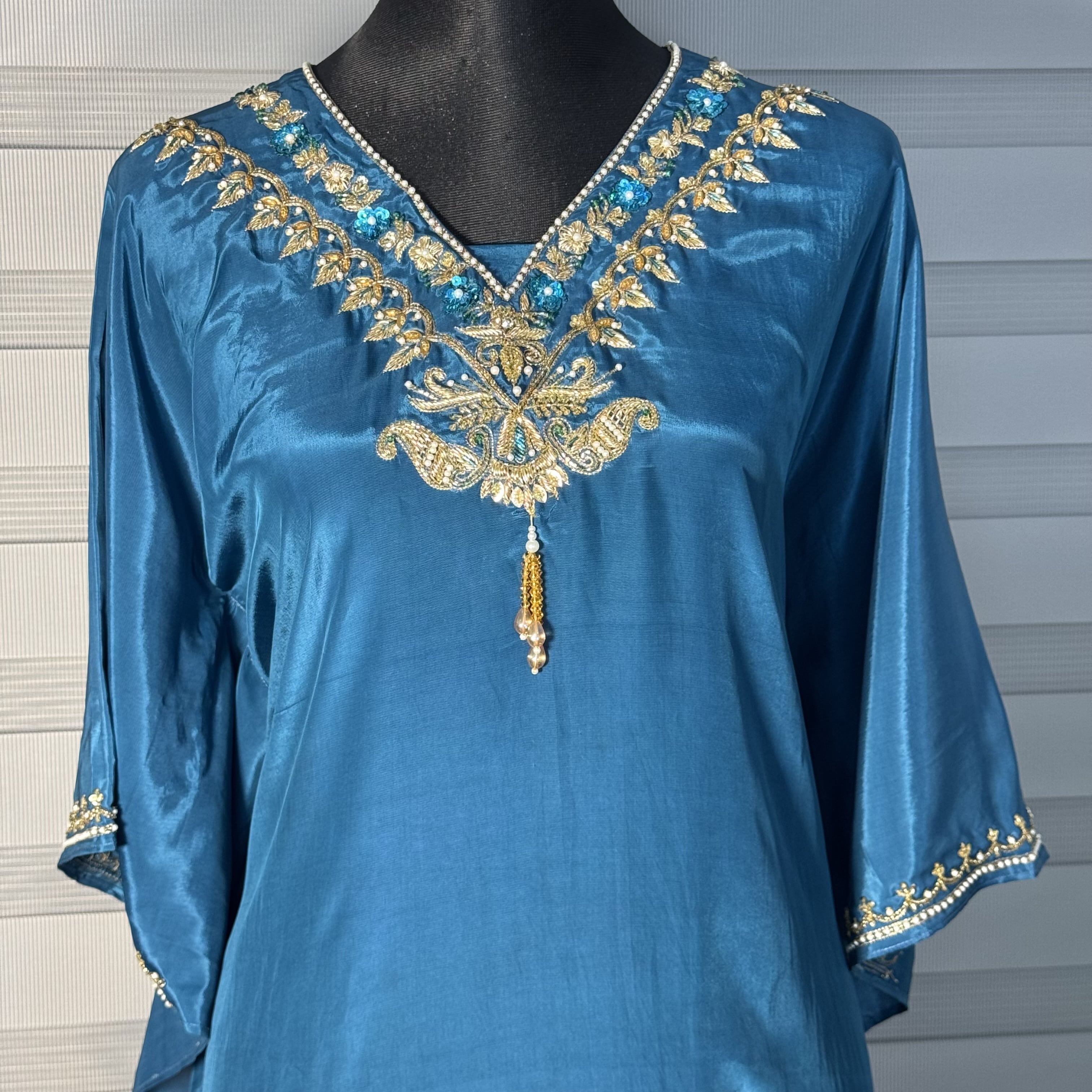Teal Blue Embroidered Kaftan Set with Relaxed Pants - Image 3