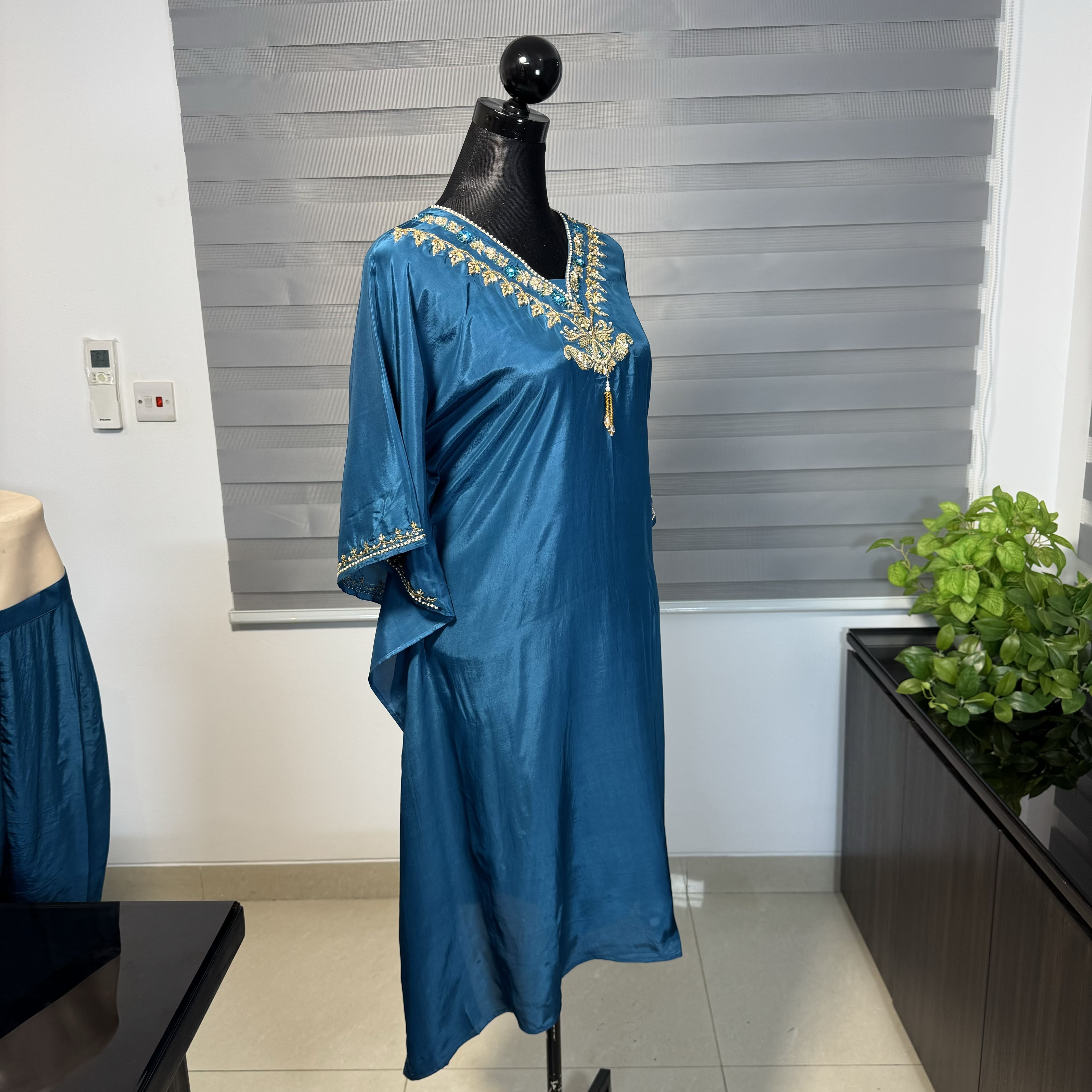 Teal Blue Embroidered Kaftan Set with Relaxed Pants - Image 4