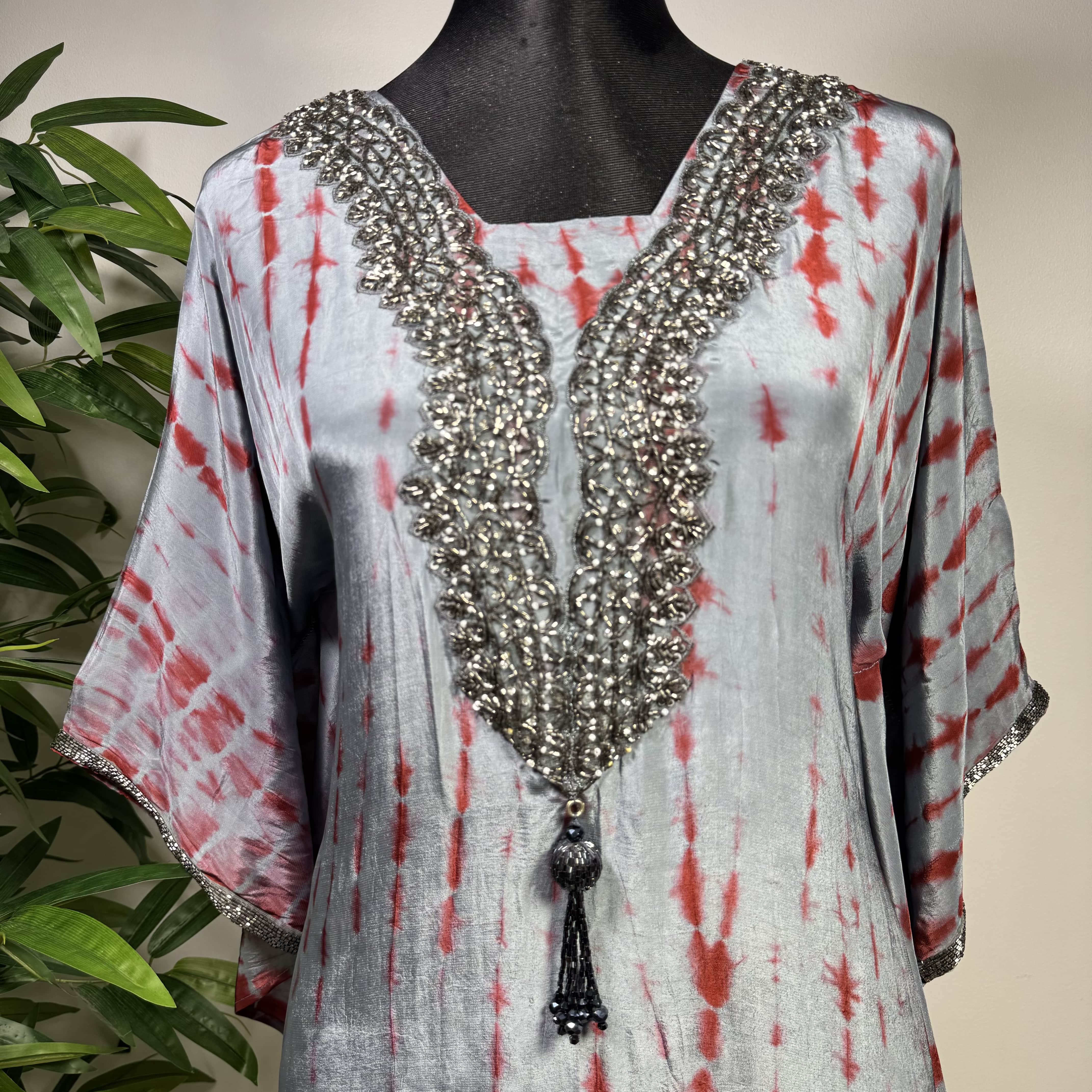 Women's Tie-Dye Kaftan - Set with Embellished Neck – Kaftan Top & Relaxed Pants - Image 2