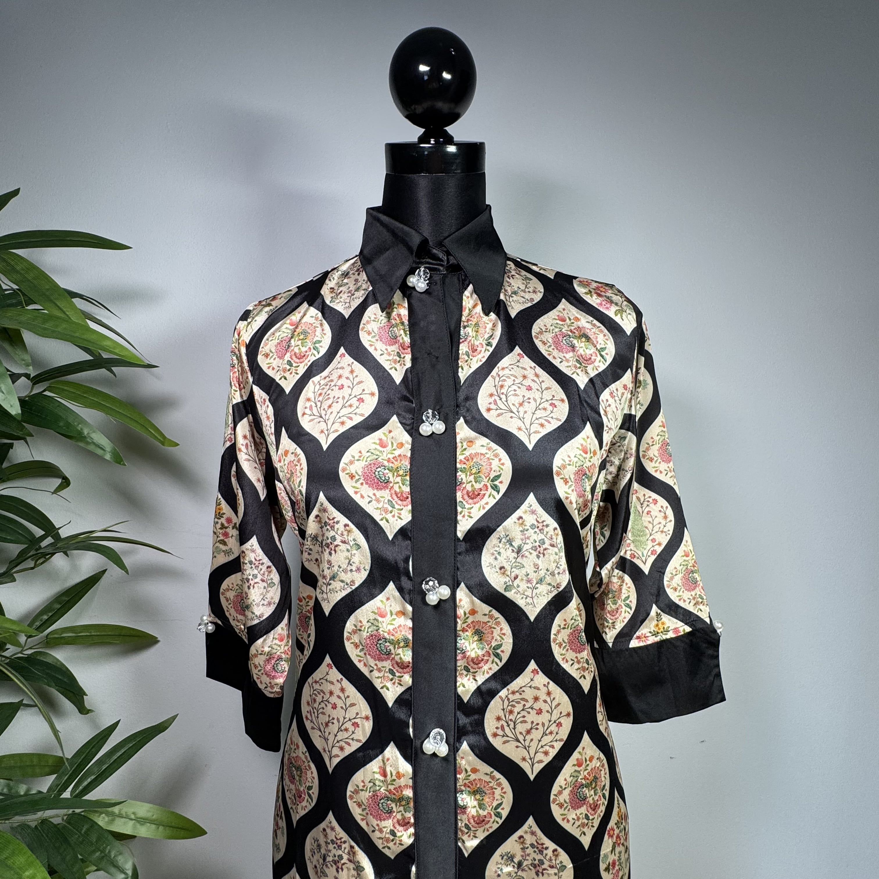 Women's Black and Beige Geometric Print Long Shirt with Contrast Cuffs - Image 2