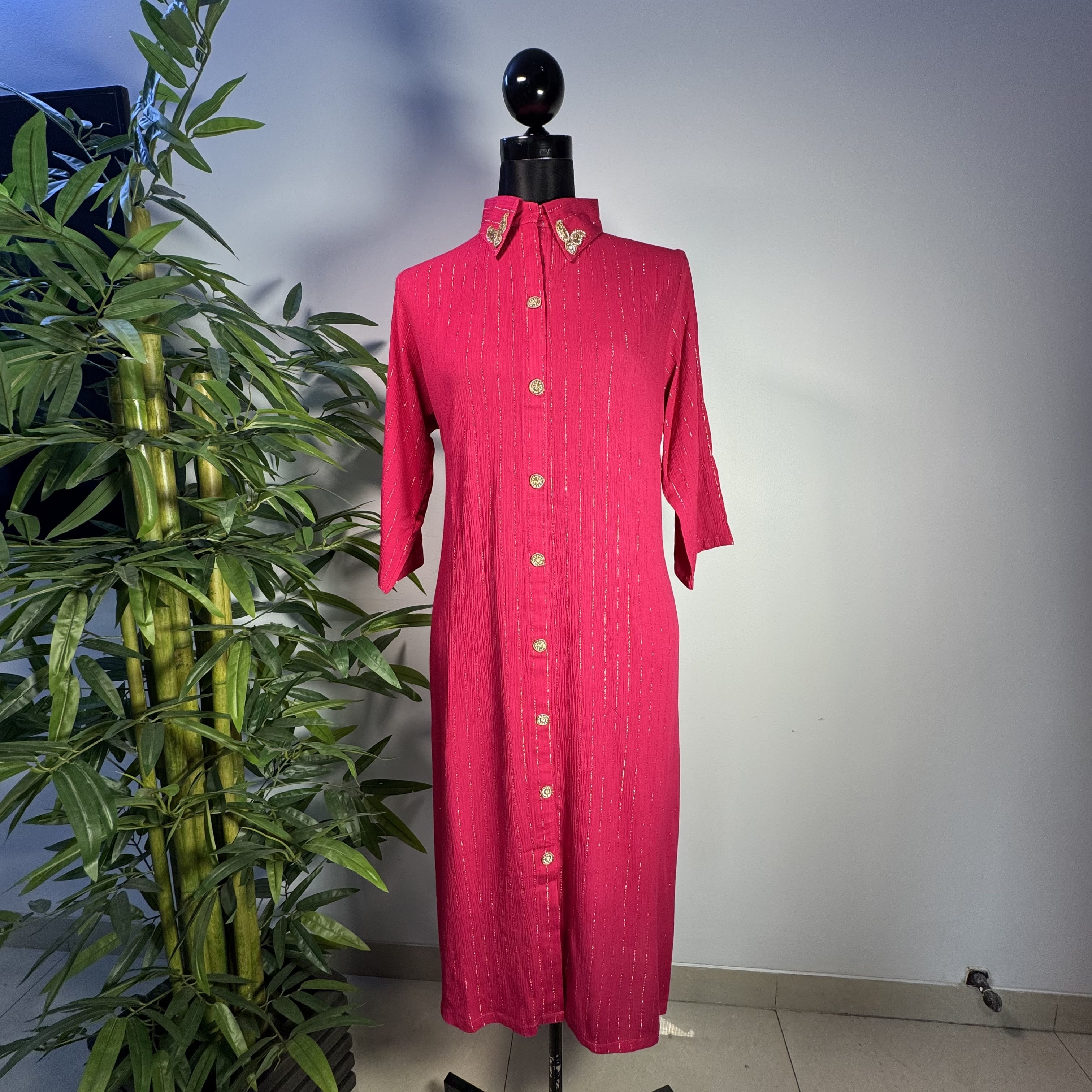 Women's Solid Pink Long Shirt with Embroidered Collar & Button-Down Front - Image 1