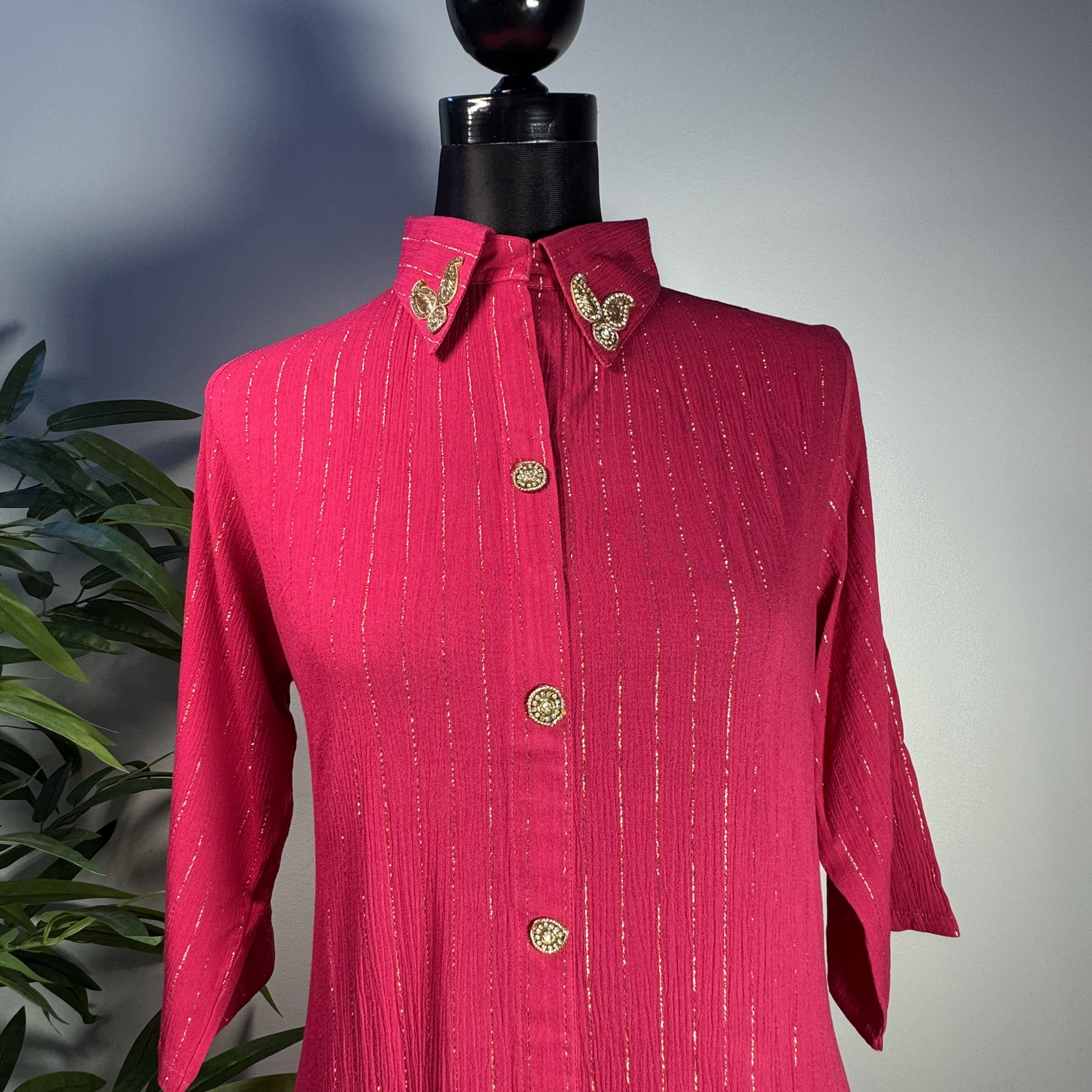 Women's Solid Pink Long Shirt with Embroidered Collar & Button-Down Front - Image 2