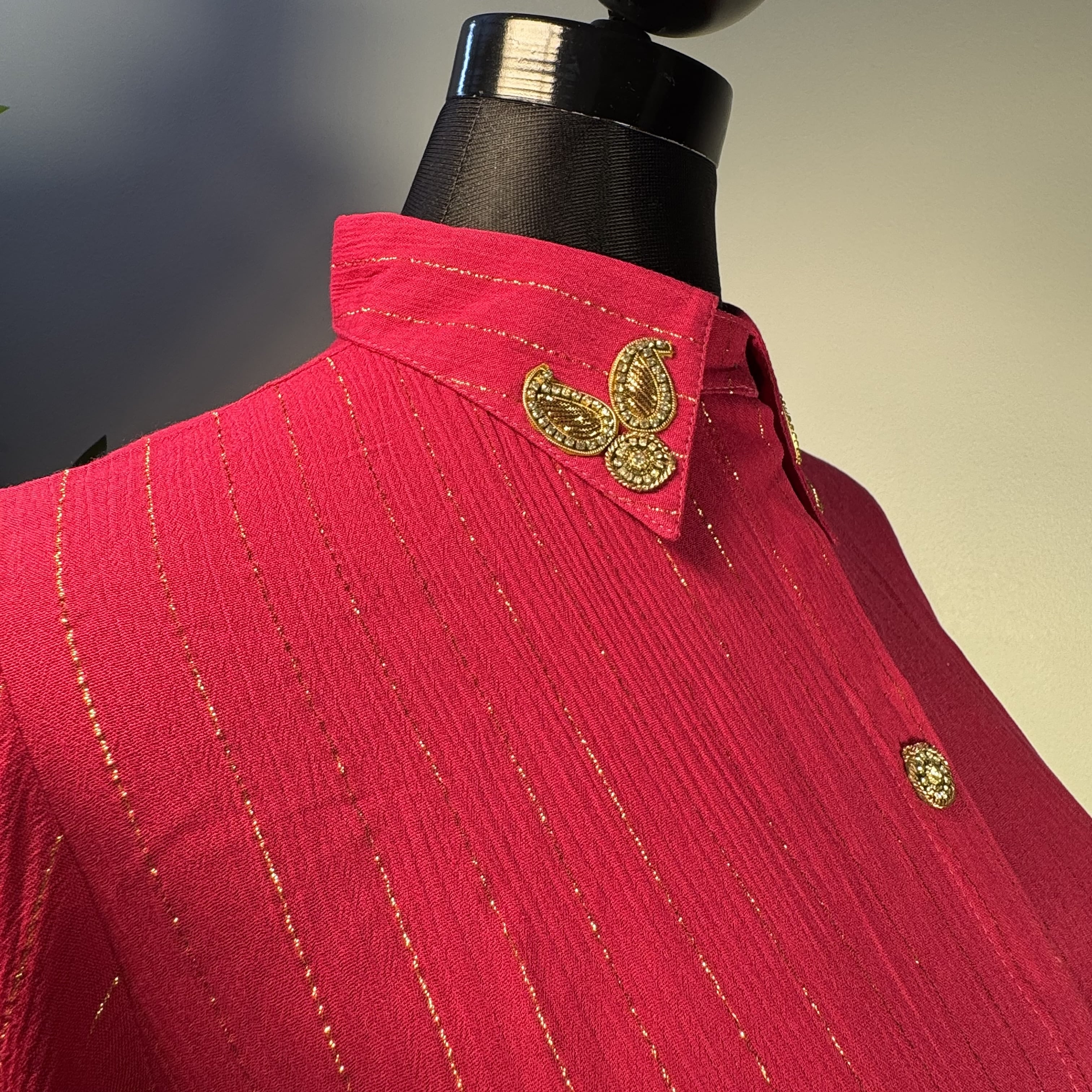 Women's Solid Pink Long Shirt with Embroidered Collar & Button-Down Front - Image 3