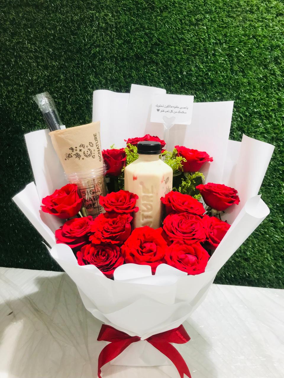 Fresh juice within flowers bouquet