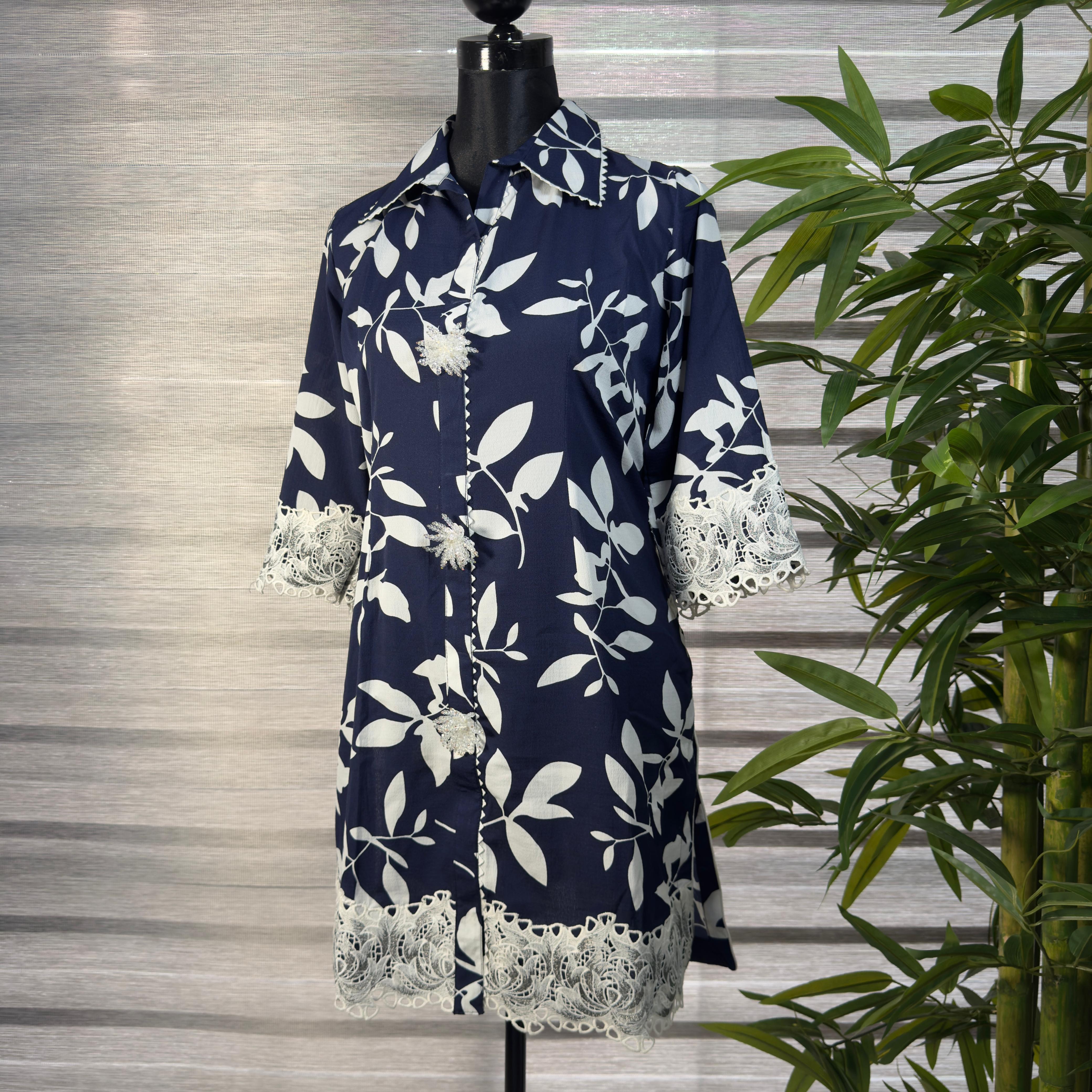 Women's Navy Blue Floral Co-Ord Set with Lace Detailing – Shirt & Tapered Pants - Image 1