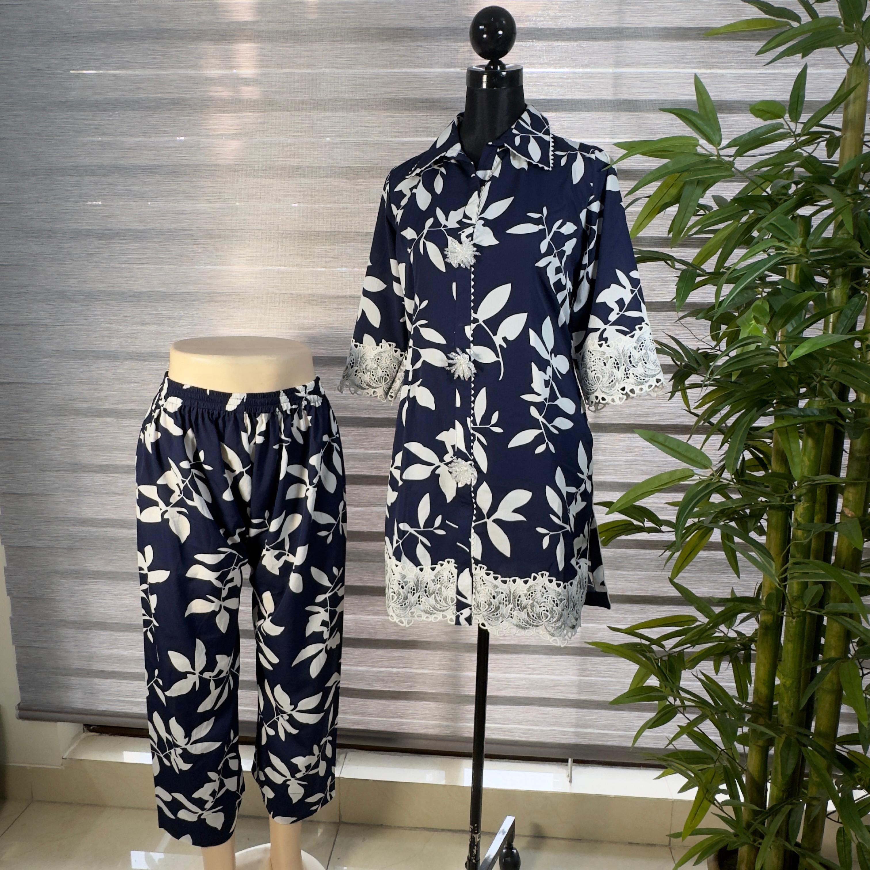 Women's Navy Blue Floral Co-Ord Set with Lace Detailing – Shirt & Tapered Pants - Image 2