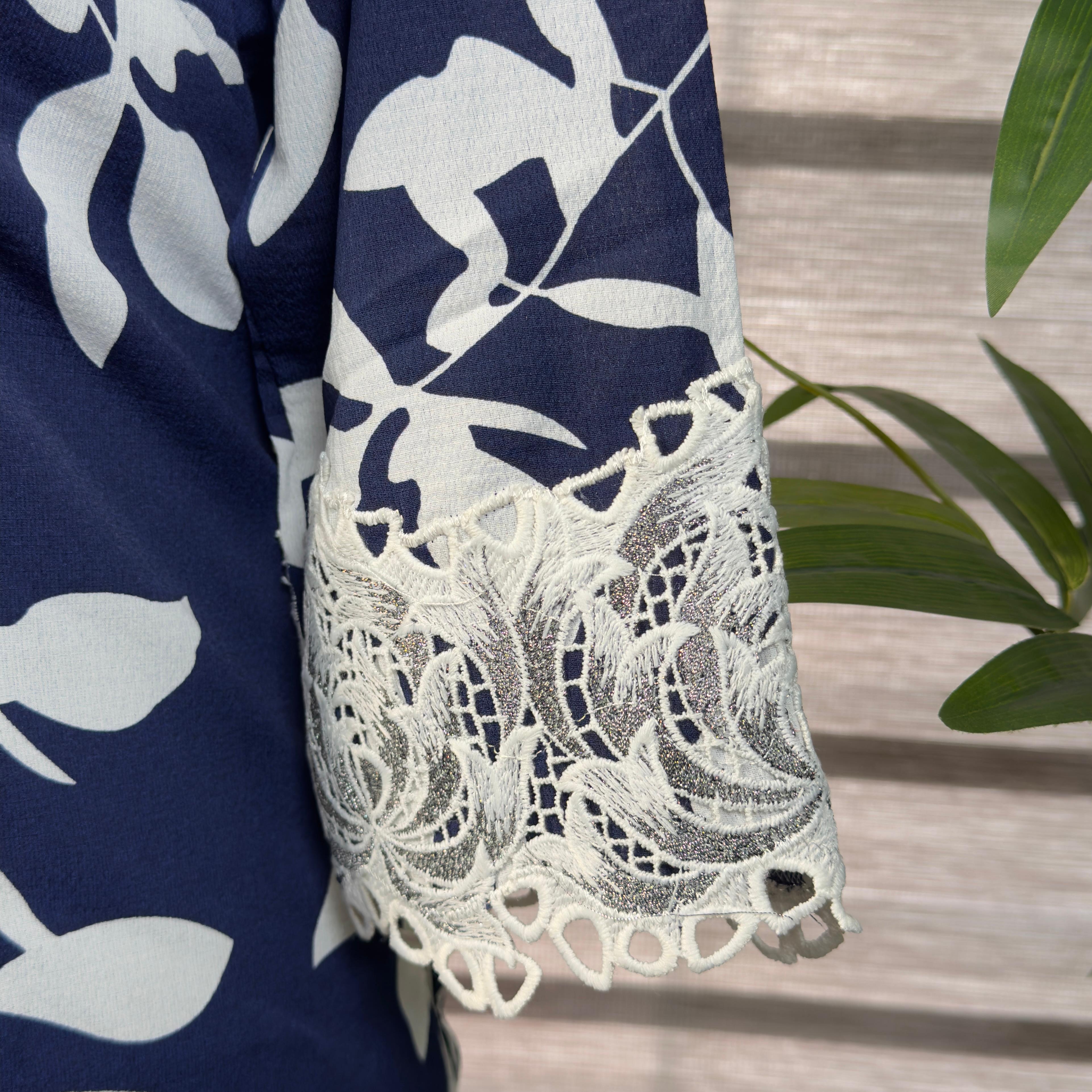 Women's Navy Blue Floral Co-Ord Set with Lace Detailing – Shirt & Tapered Pants - Image 4