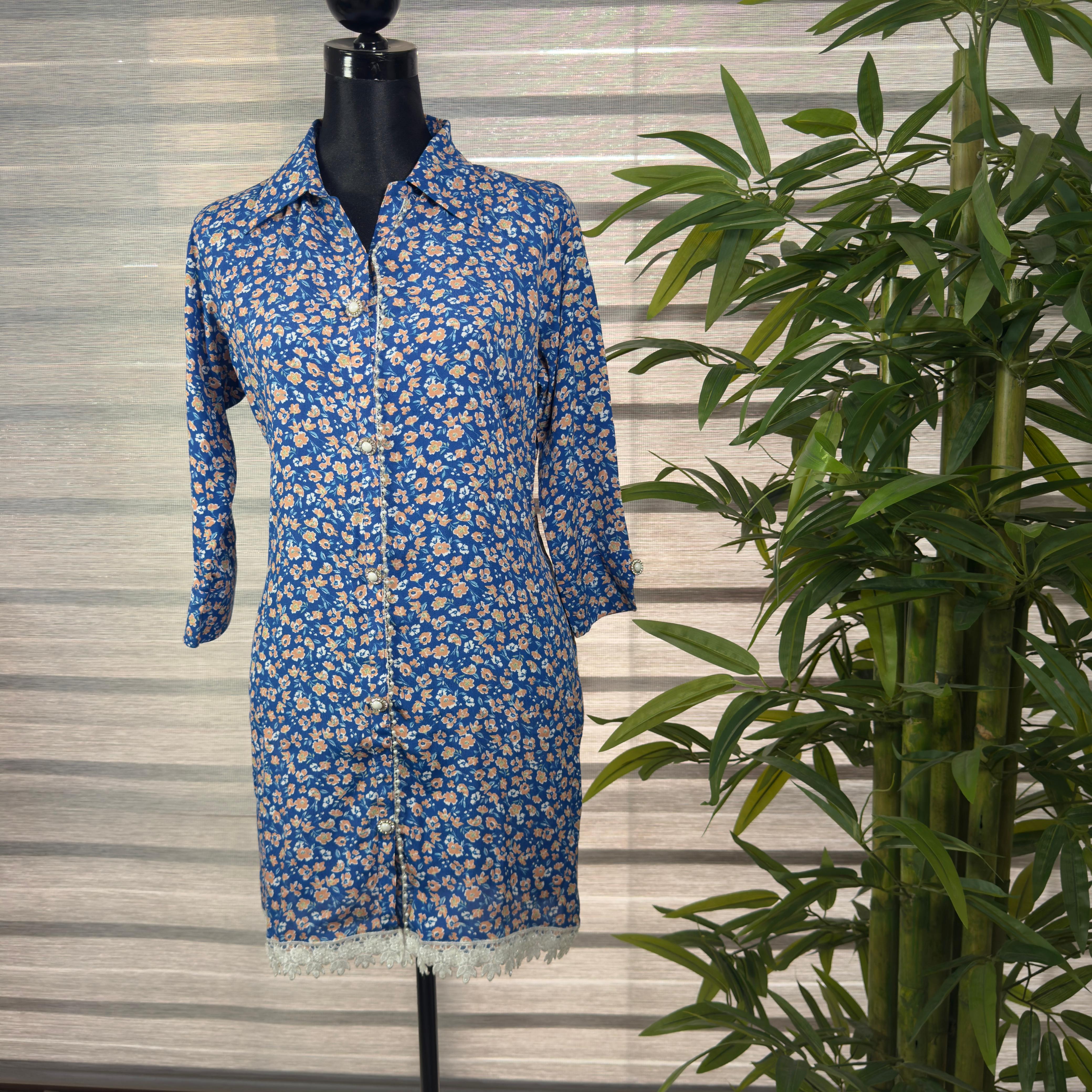 Women's Blue Floral Printed Co-Ord Set with Lace Hem Shirt and White Pants - Image 1