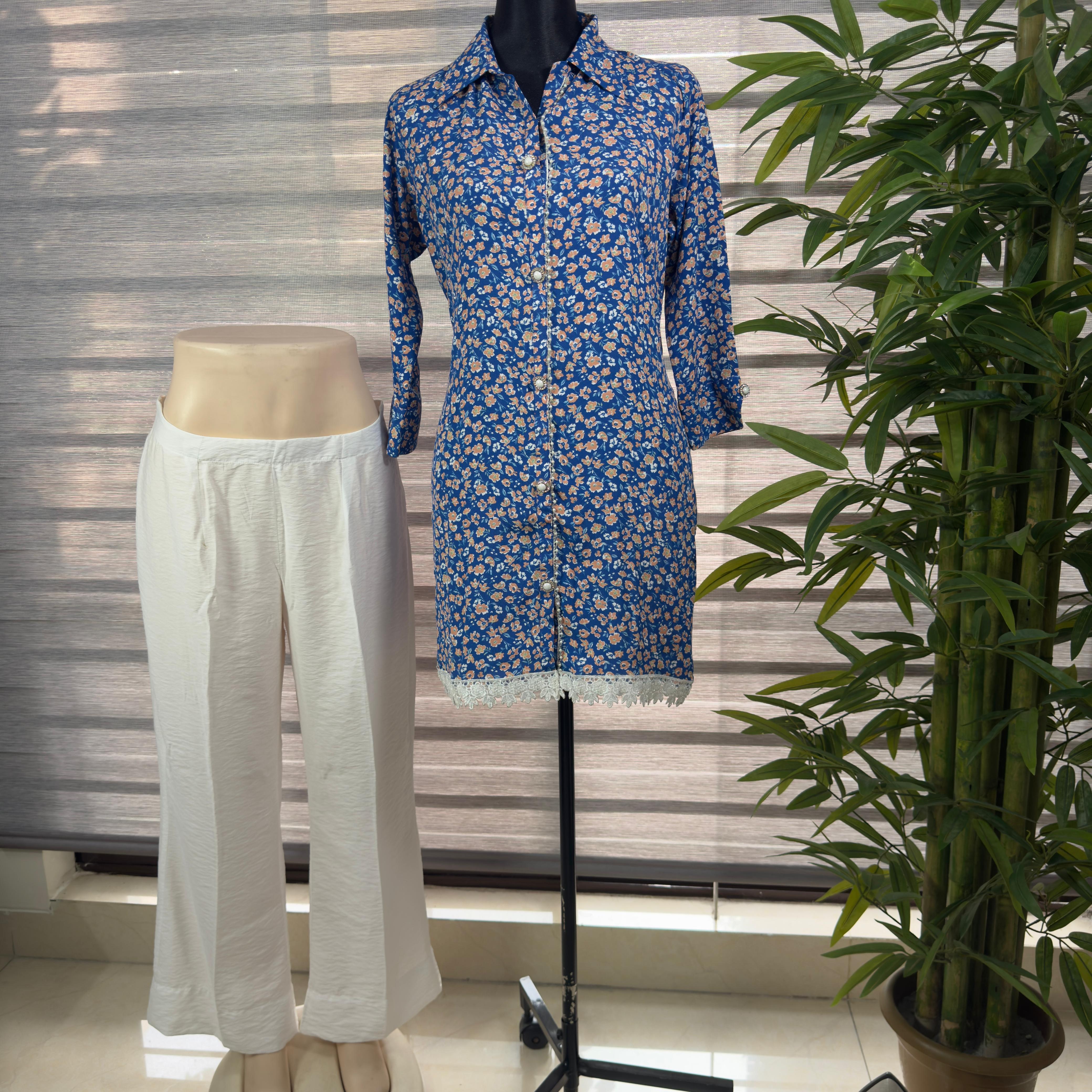 Women's Blue Floral Printed Co-Ord Set with Lace Hem Shirt and White Pants - Image 2