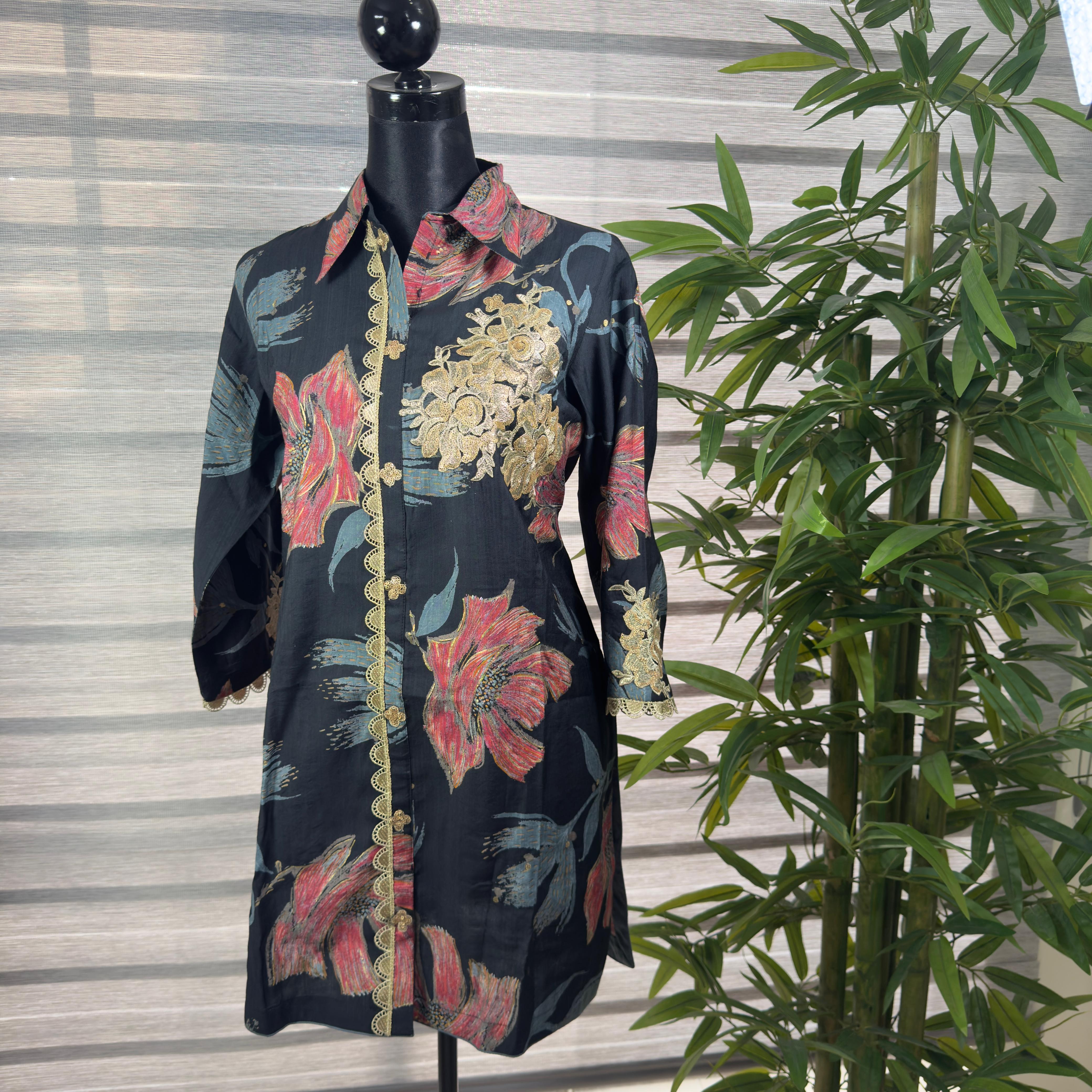 Women's Black Floral Embroidered Co-Ord Set with Button-Down Shirt & Tapered Pants - Image 1