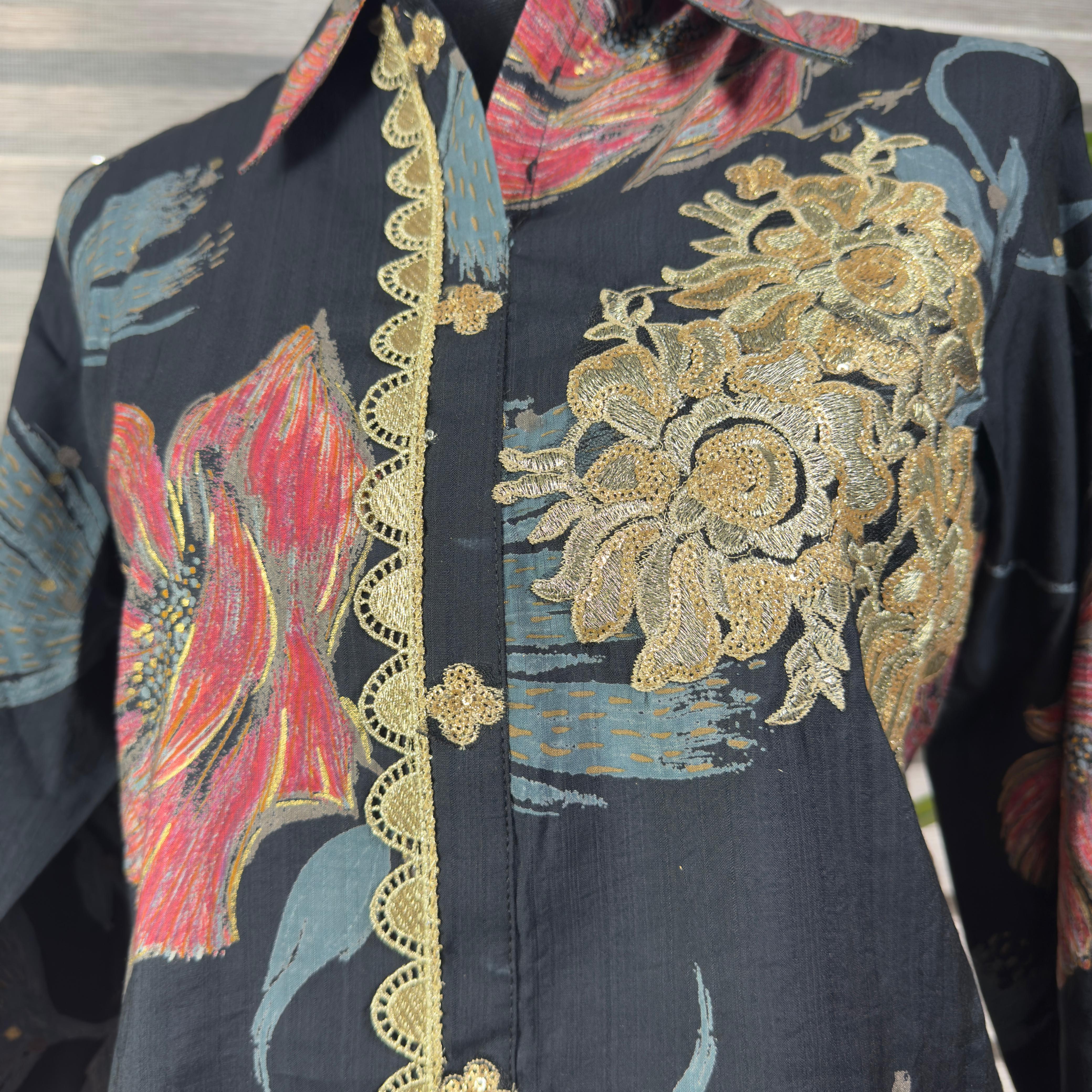 Women's Black Floral Embroidered Co-Ord Set with Button-Down Shirt & Tapered Pants - Image 2
