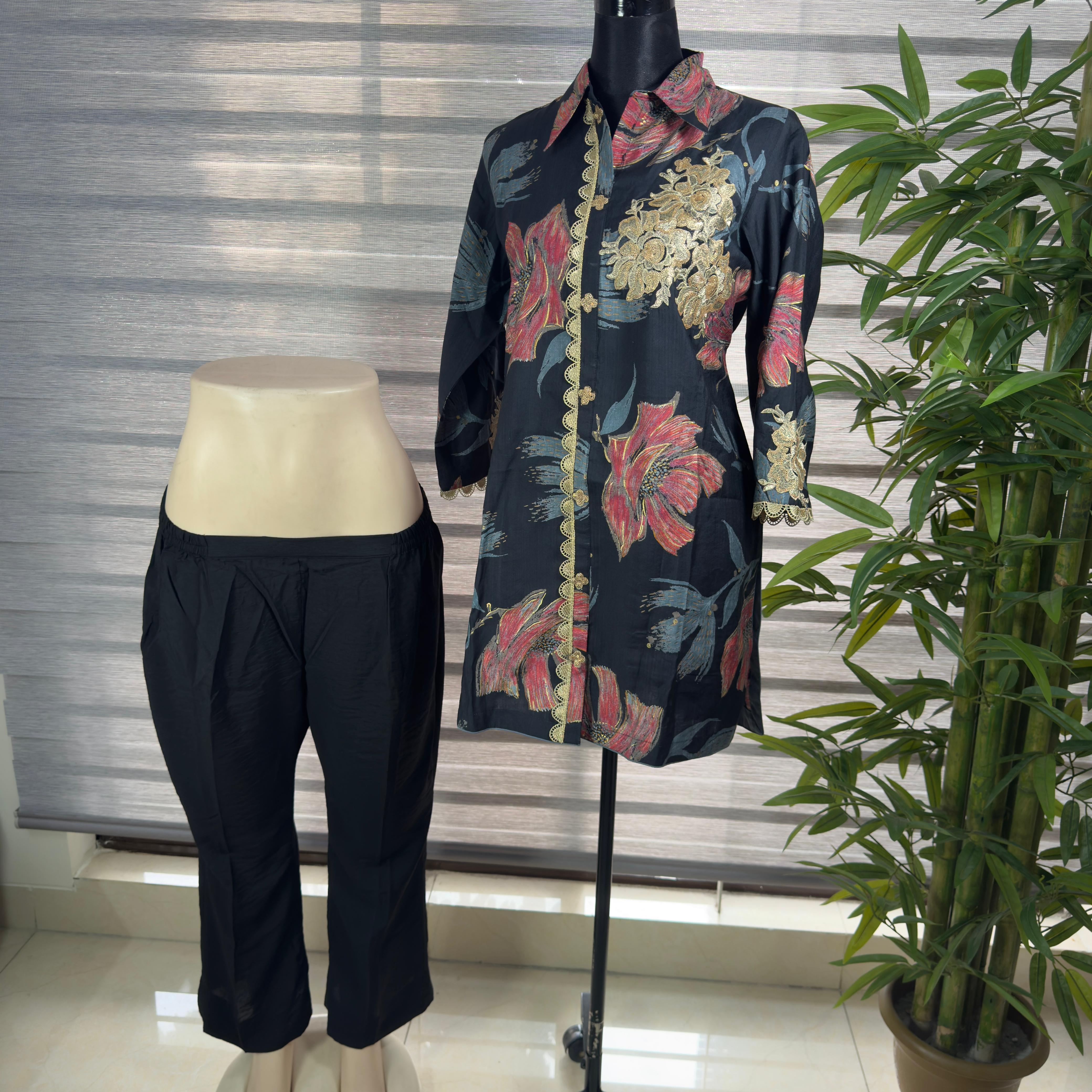 Women's Black Floral Embroidered Co-Ord Set with Button-Down Shirt & Tapered Pants - Image 3