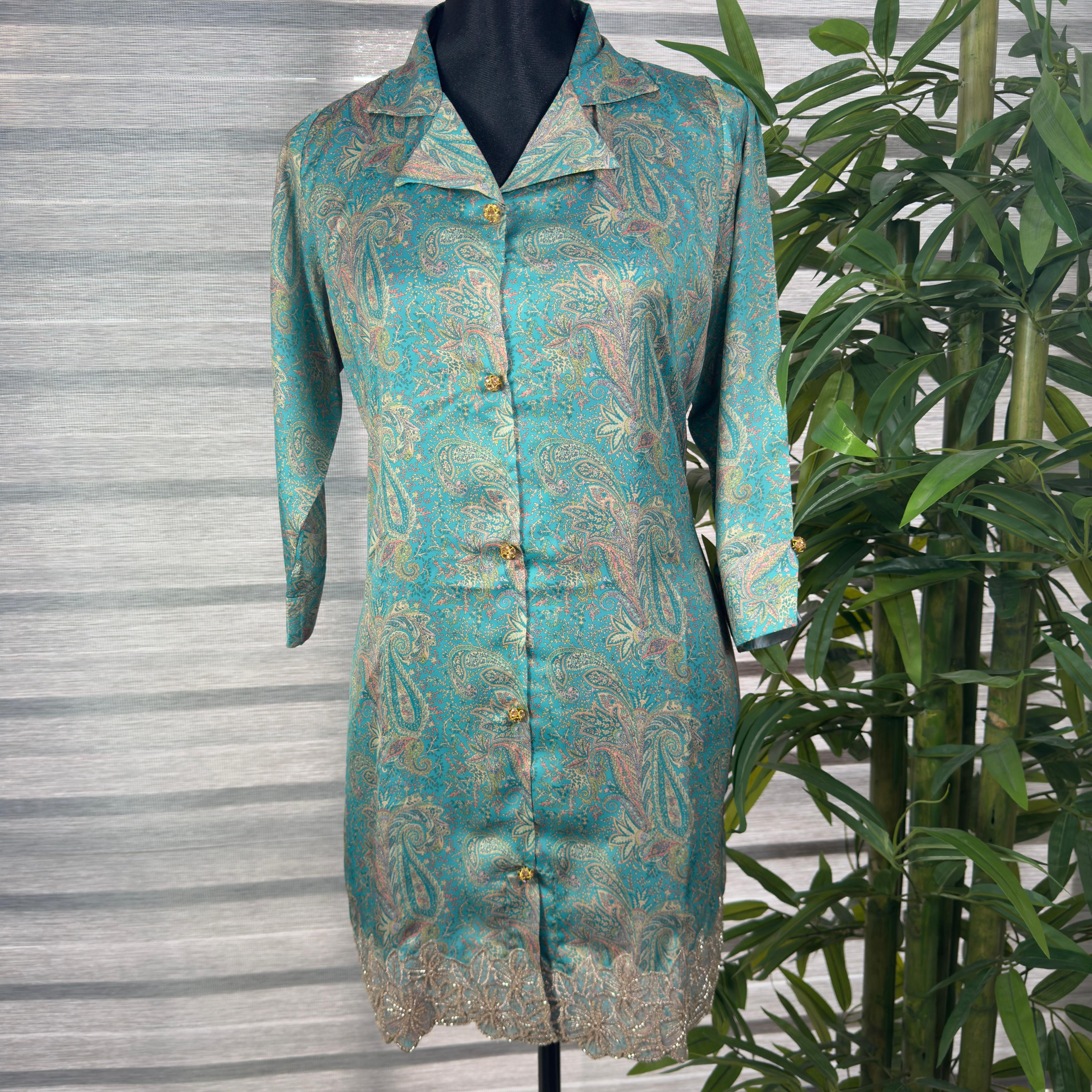 Women's Turquoise Jacquard Co-Ord Set with Embroidered Shirt and Solid Pants - Image 1
