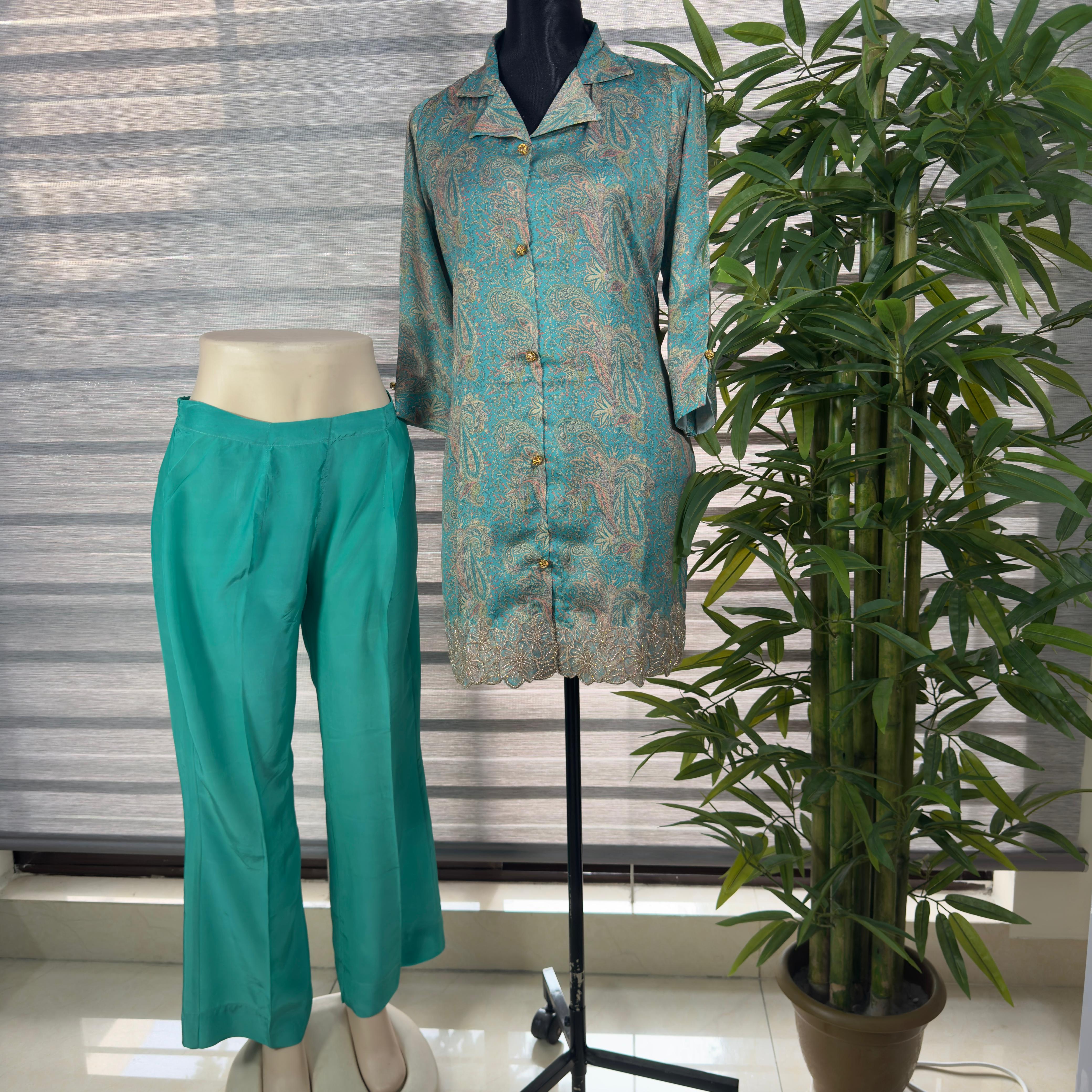 Women's Turquoise Jacquard Co-Ord Set with Embroidered Shirt and Solid Pants - Image 3