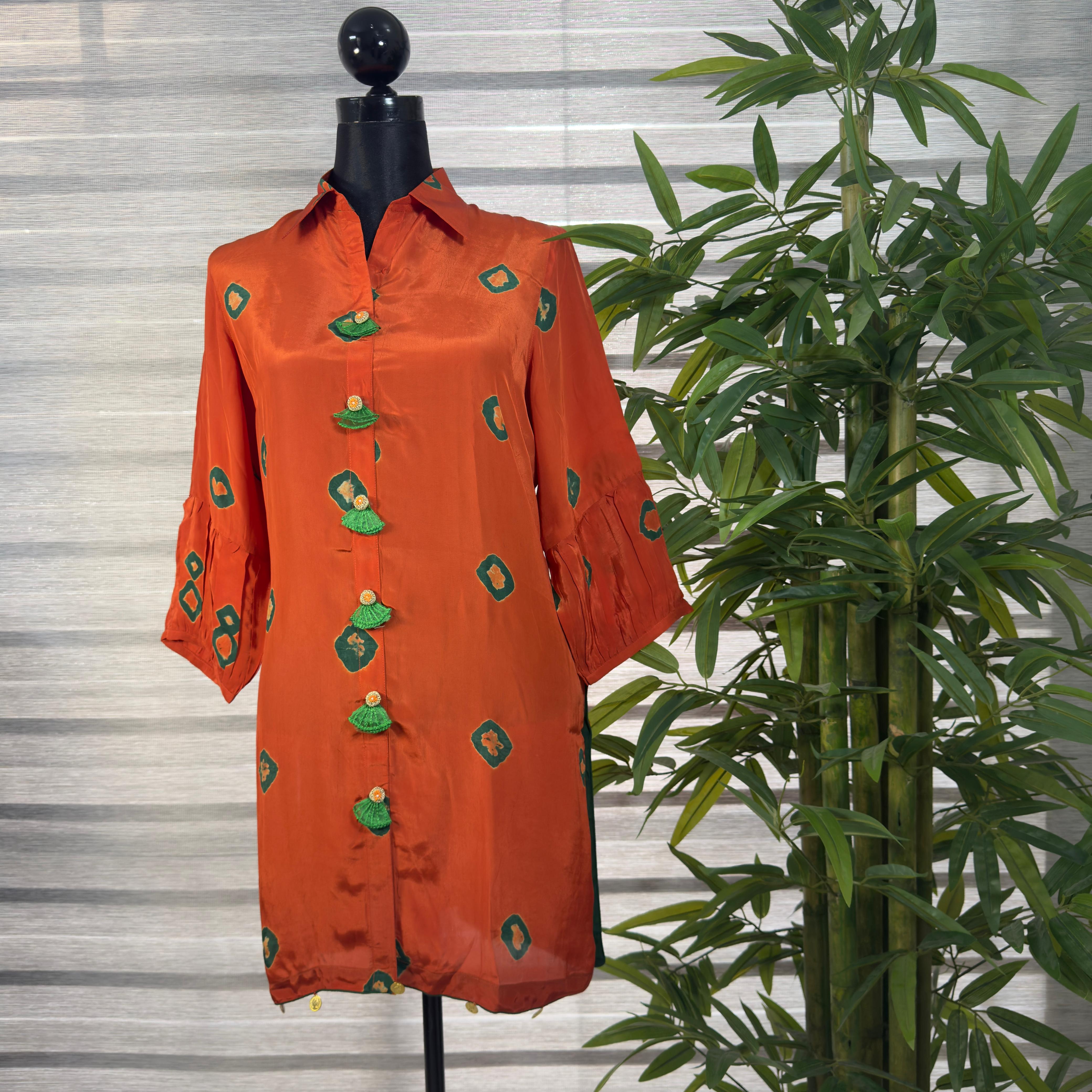Women's Rust & Green Printed Co-Ord Set with Button-Down Top and Relaxed Pants - Image 1