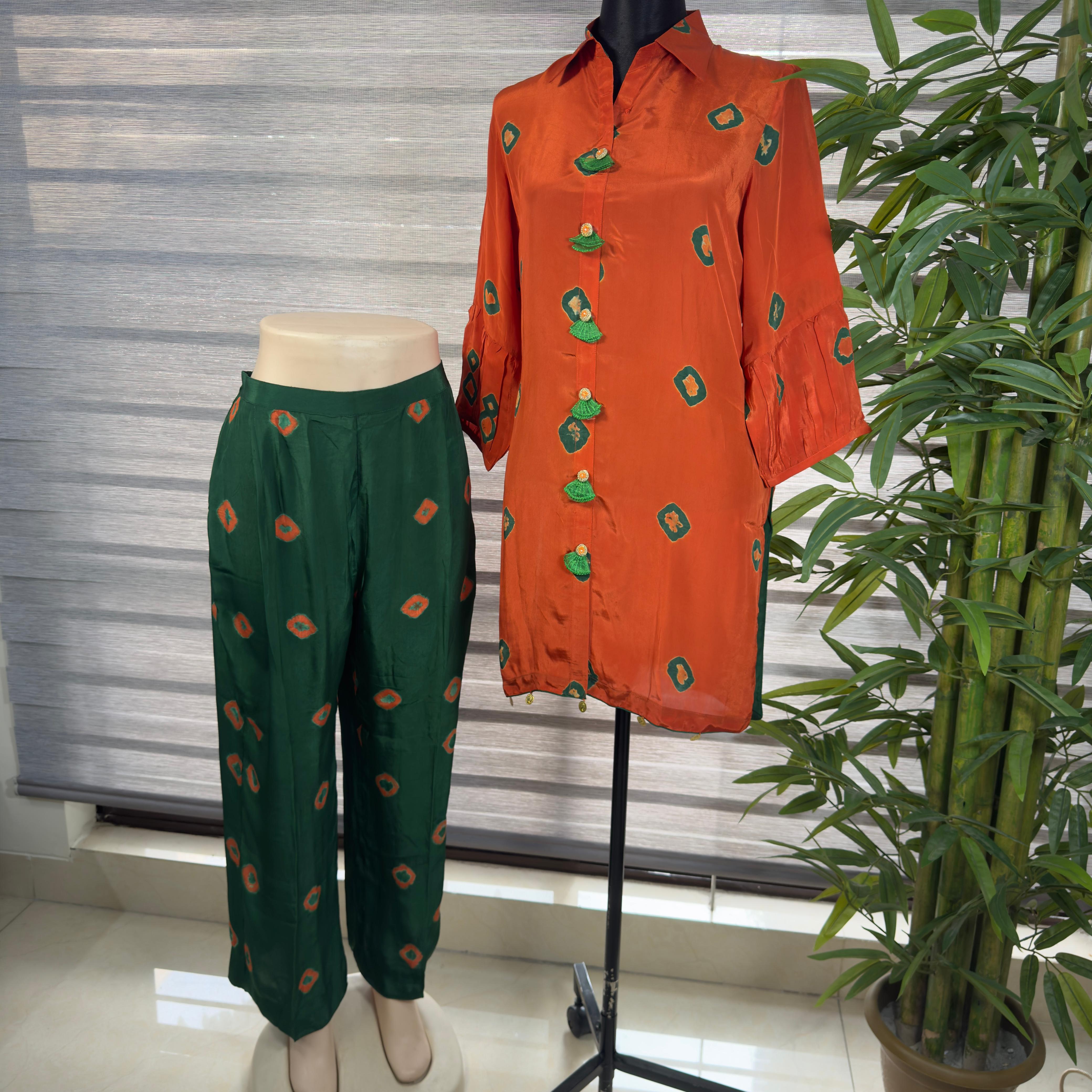 Women's Rust & Green Printed Co-Ord Set with Button-Down Top and Relaxed Pants - Image 3