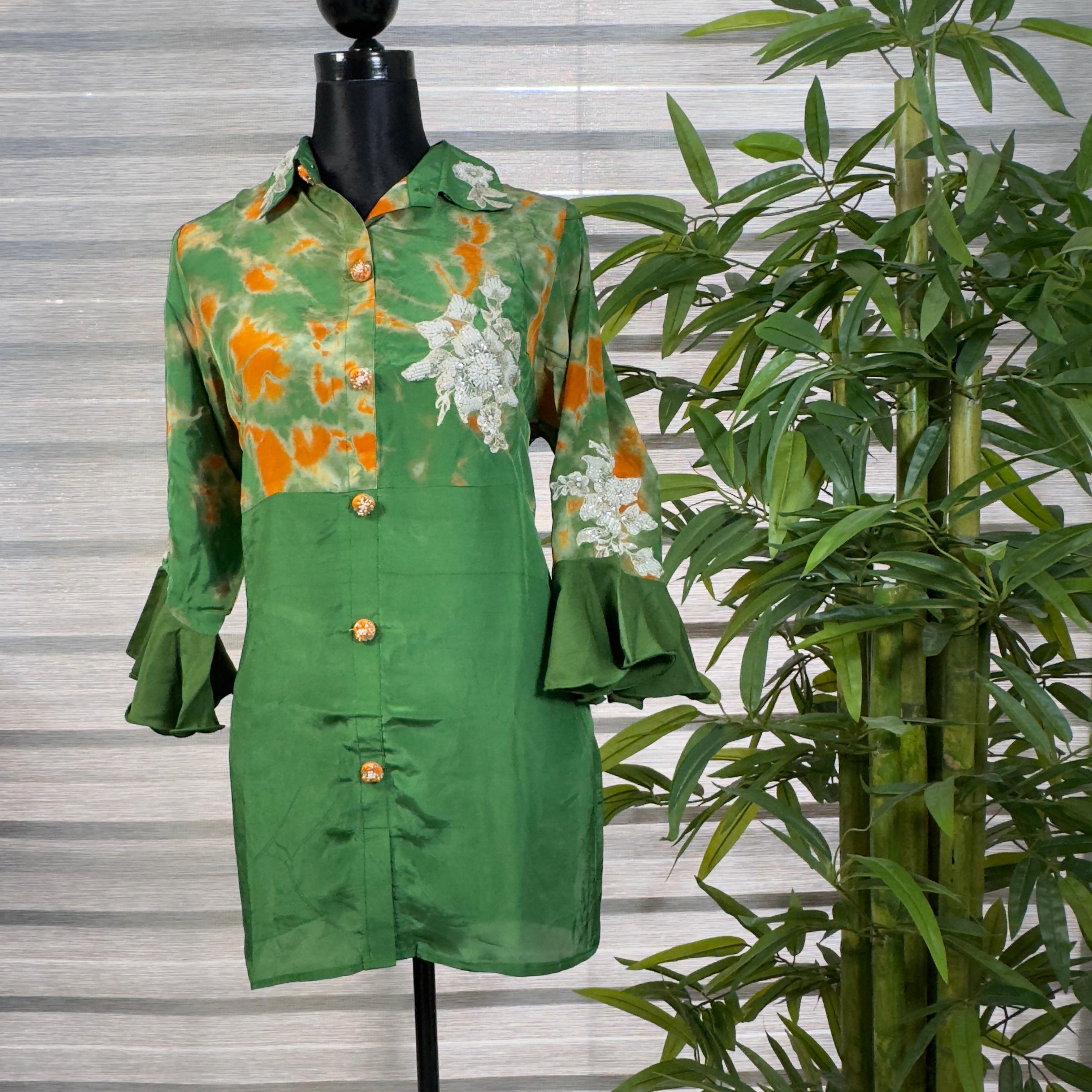 Women's Green Tie-Dye Cord Set with Embroidered Shirt & Straight Pants - Image 1