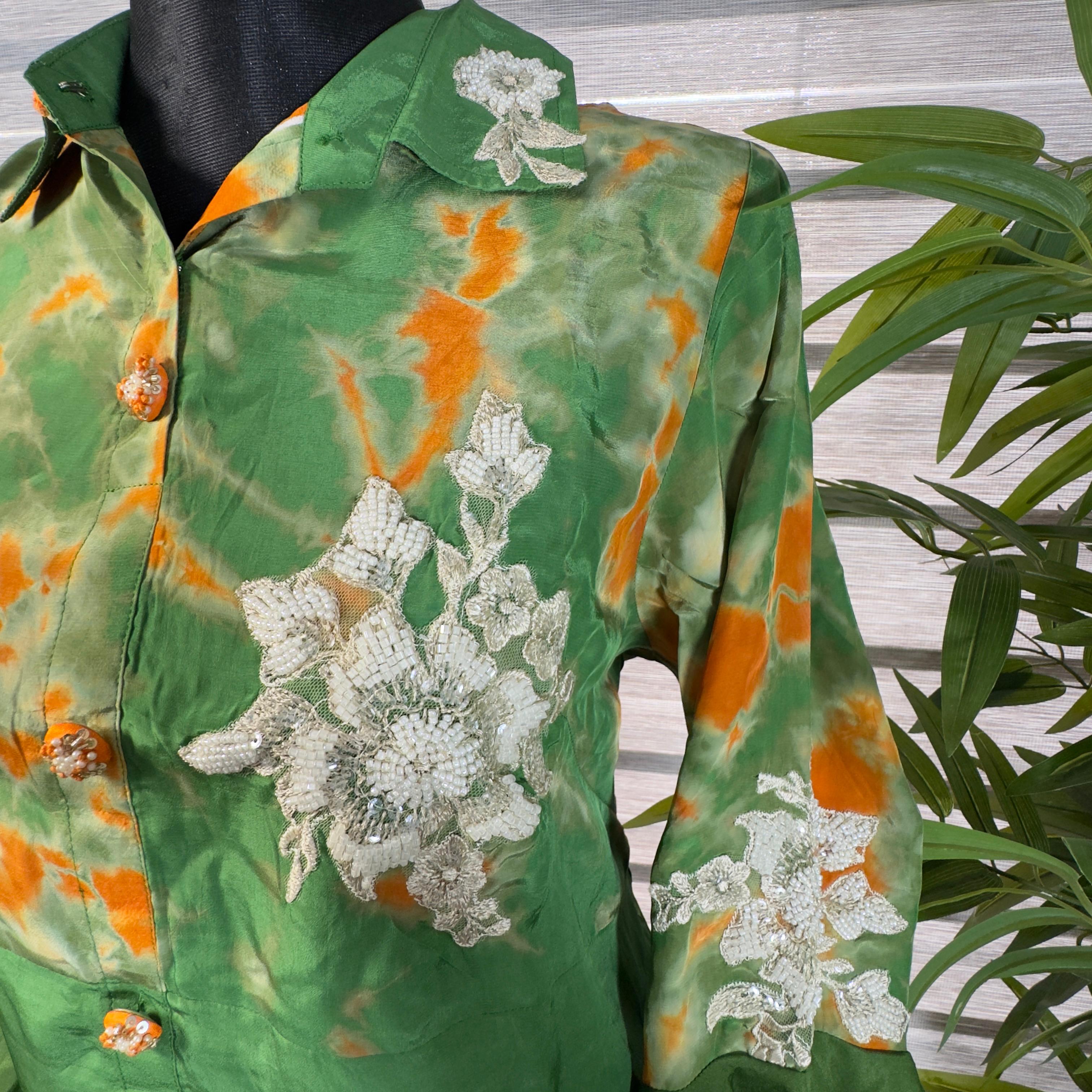 Women's Green Tie-Dye Cord Set with Embroidered Shirt & Straight Pants - Image 2