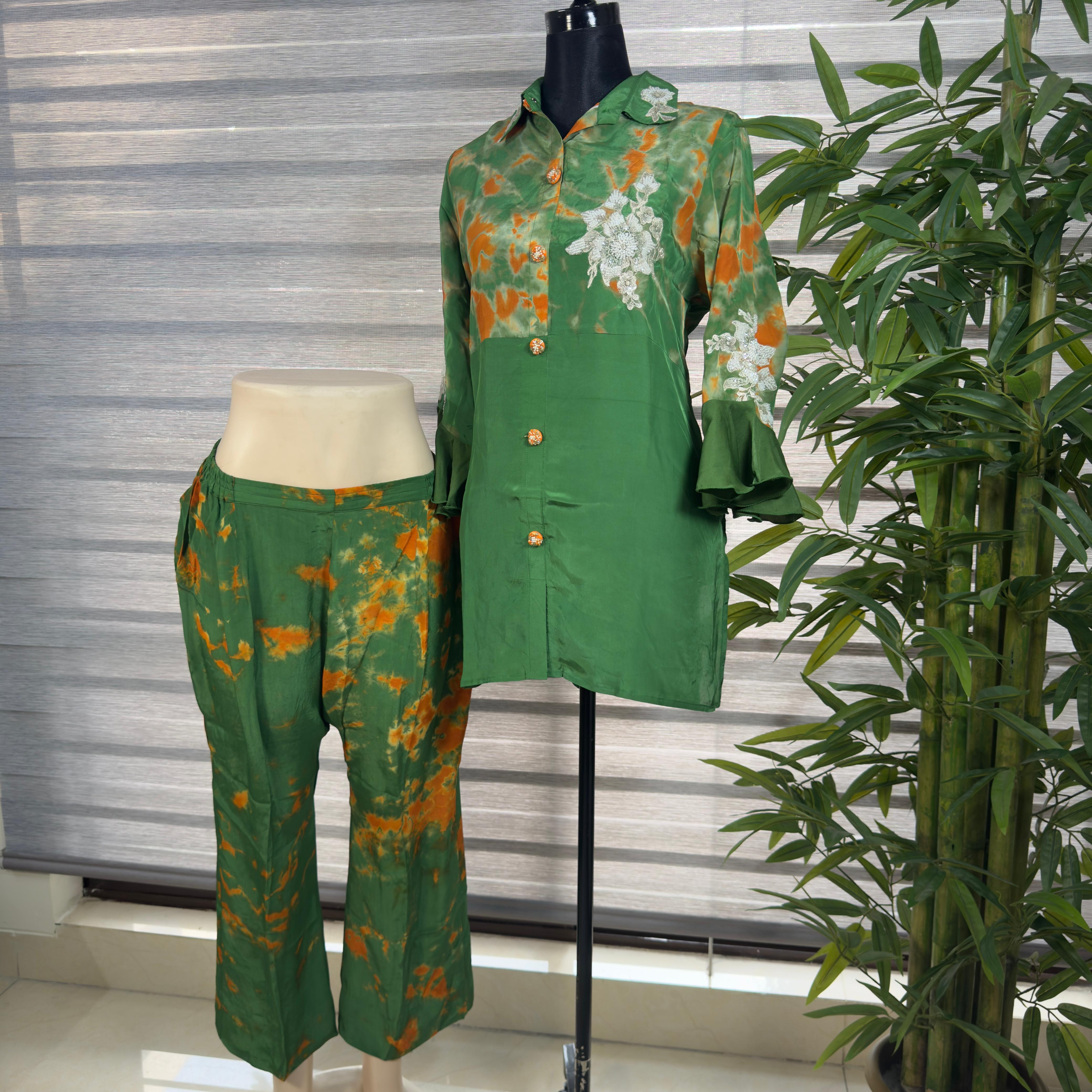 Women's Green Tie-Dye Cord Set with Embroidered Shirt & Straight Pants - Image 4