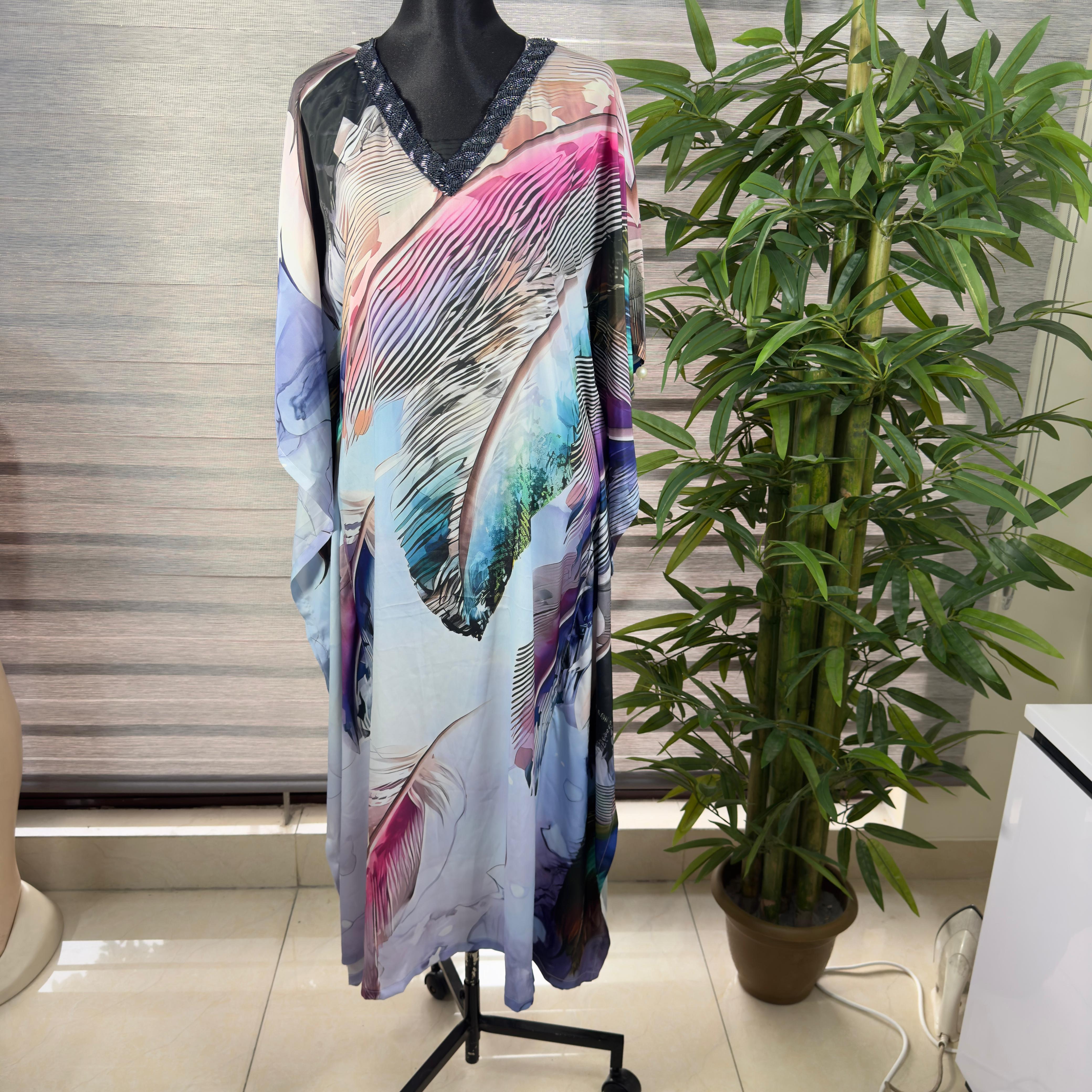 Women's Abstract Feather Print Long Kaftan Dress with V-Neck - Image 1
