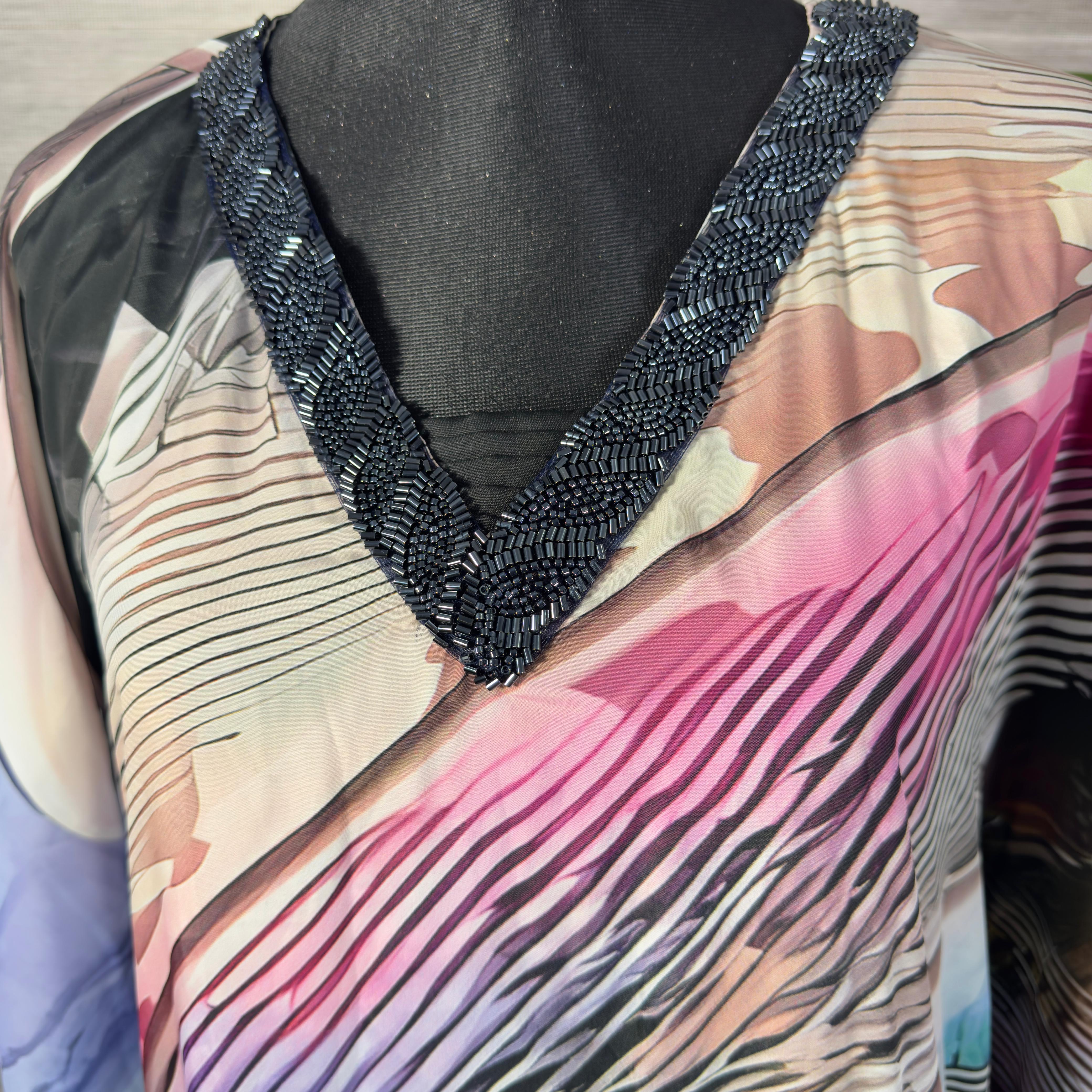 Women's Abstract Feather Print Long Kaftan Dress with V-Neck - Image 2