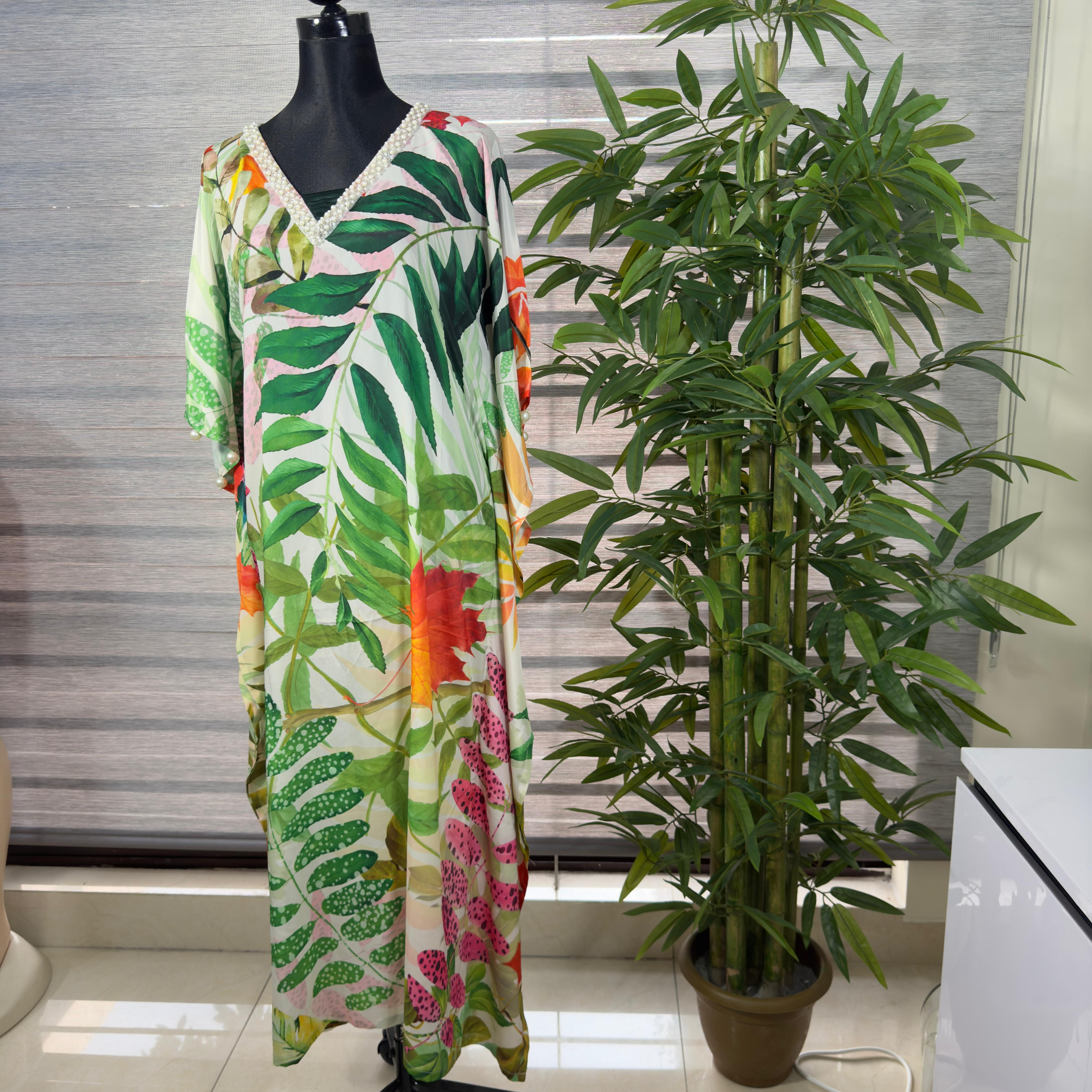 Women's Tropical Leaf Print Kaftan  with V-Neck and Short Sleeves - Image 1