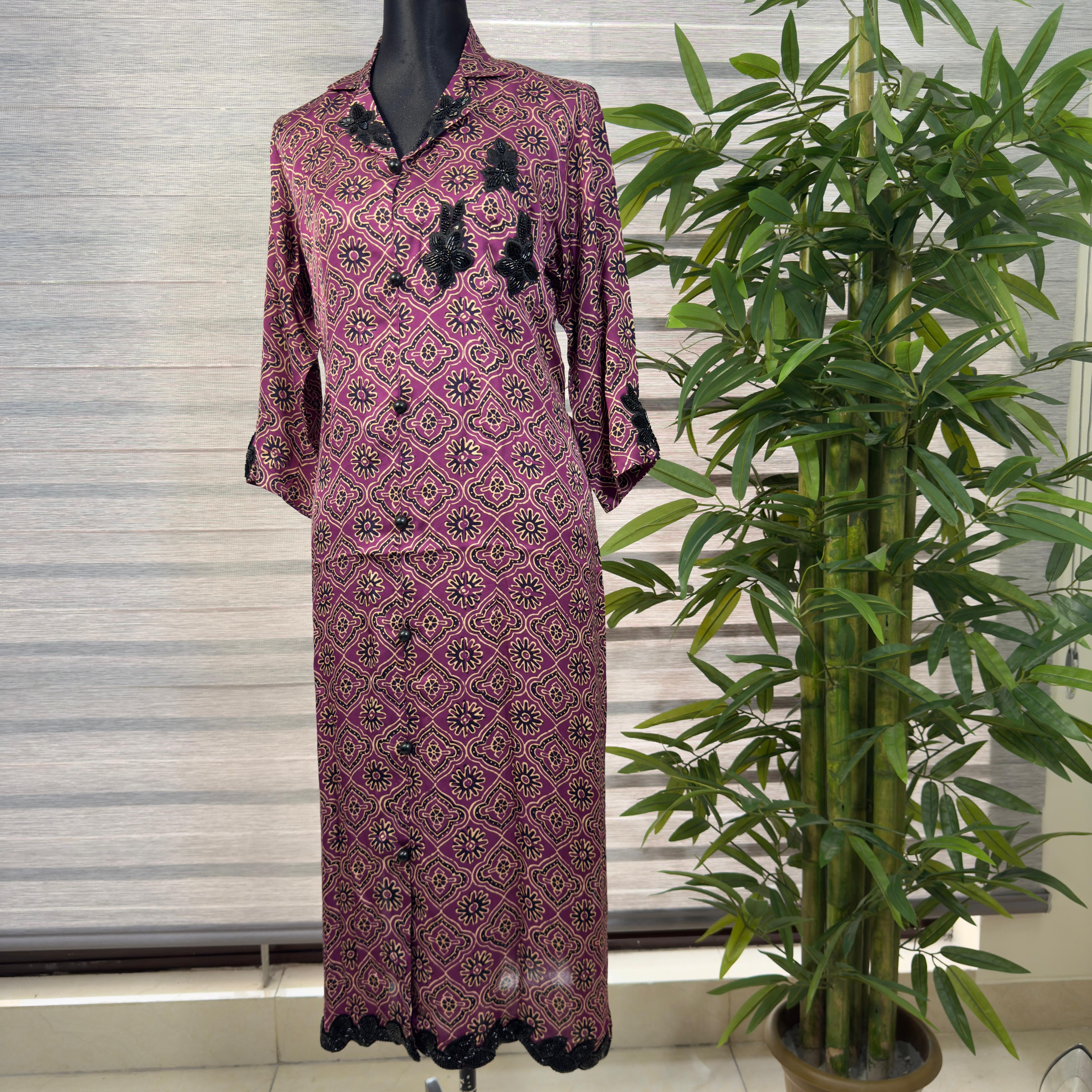 Women's Maroon Printed Button-Down long shirt with Black Lace Embellishment - Image 1