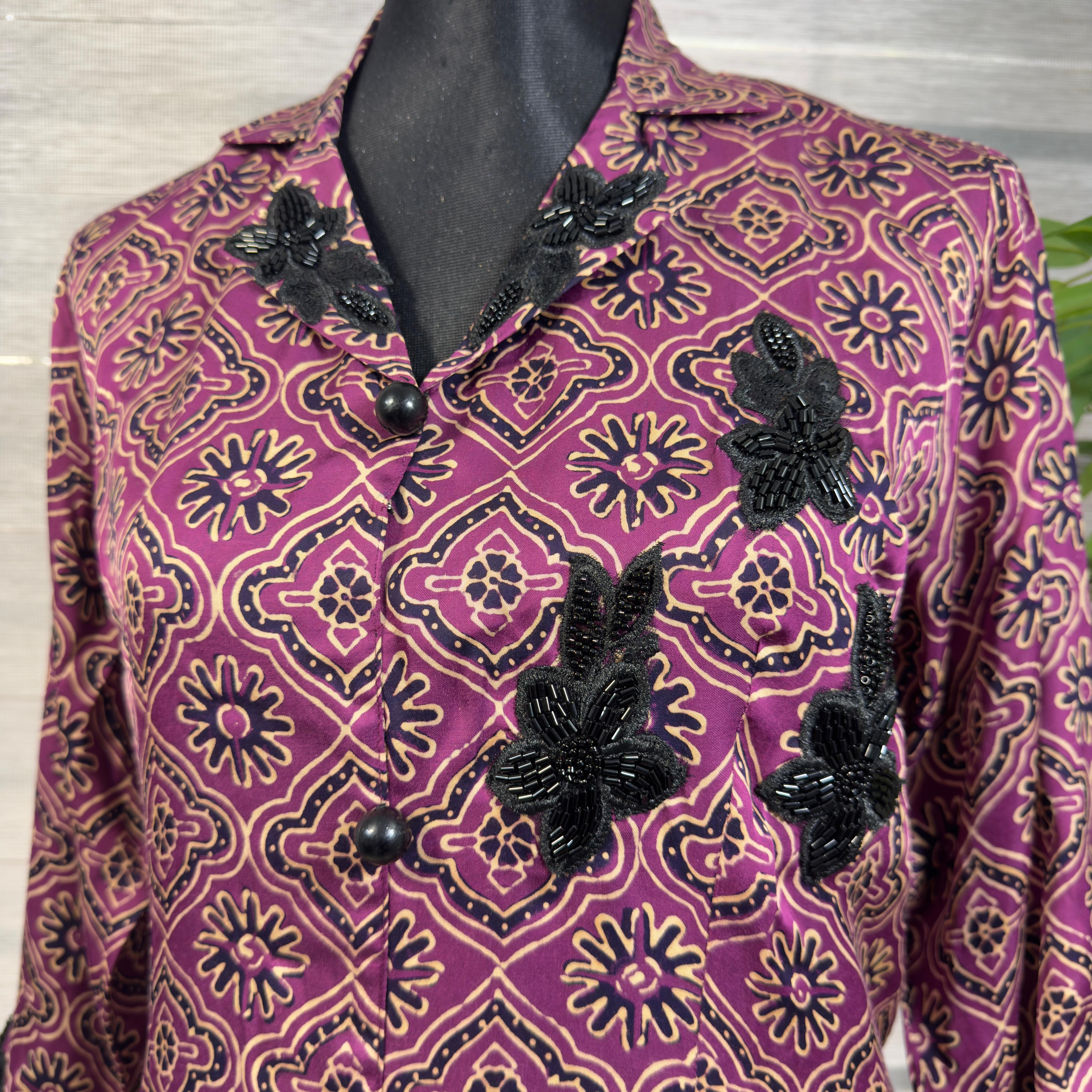 Women's Maroon Printed Button-Down long shirt with Black Lace Embellishment - Image 2