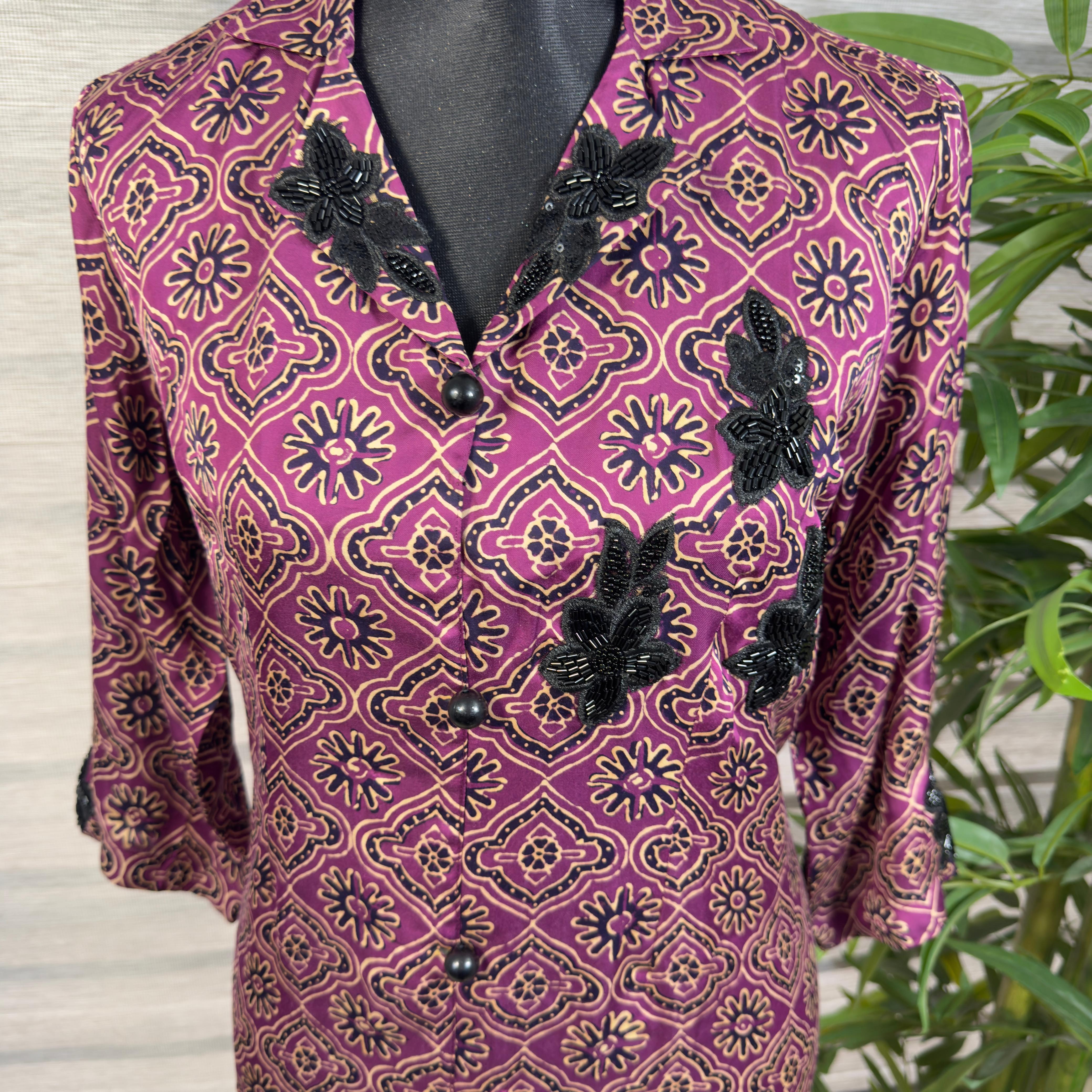 Women's Maroon Printed Button-Down long shirt with Black Lace Embellishment - Image 3